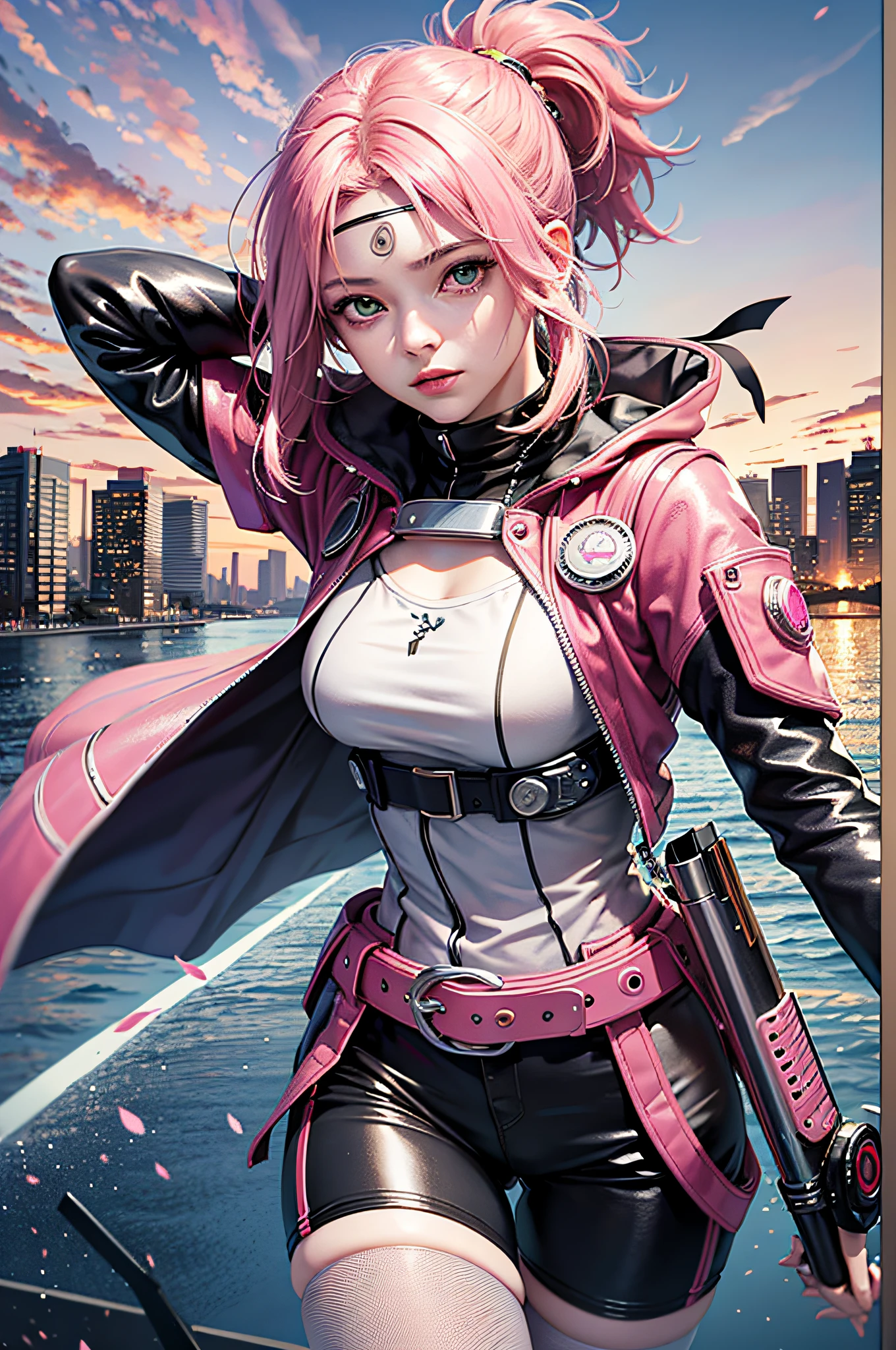 (Masterpiece), (Best Quality), Reality, Cinematic Light, 16yo Girl, (1 Girl), Solo, Sakura Haruno, Sakura Naruto, Cool Pose, Battlefield Background, Perfect Figure, Green Eyes, Pink Hair, 4K, HD