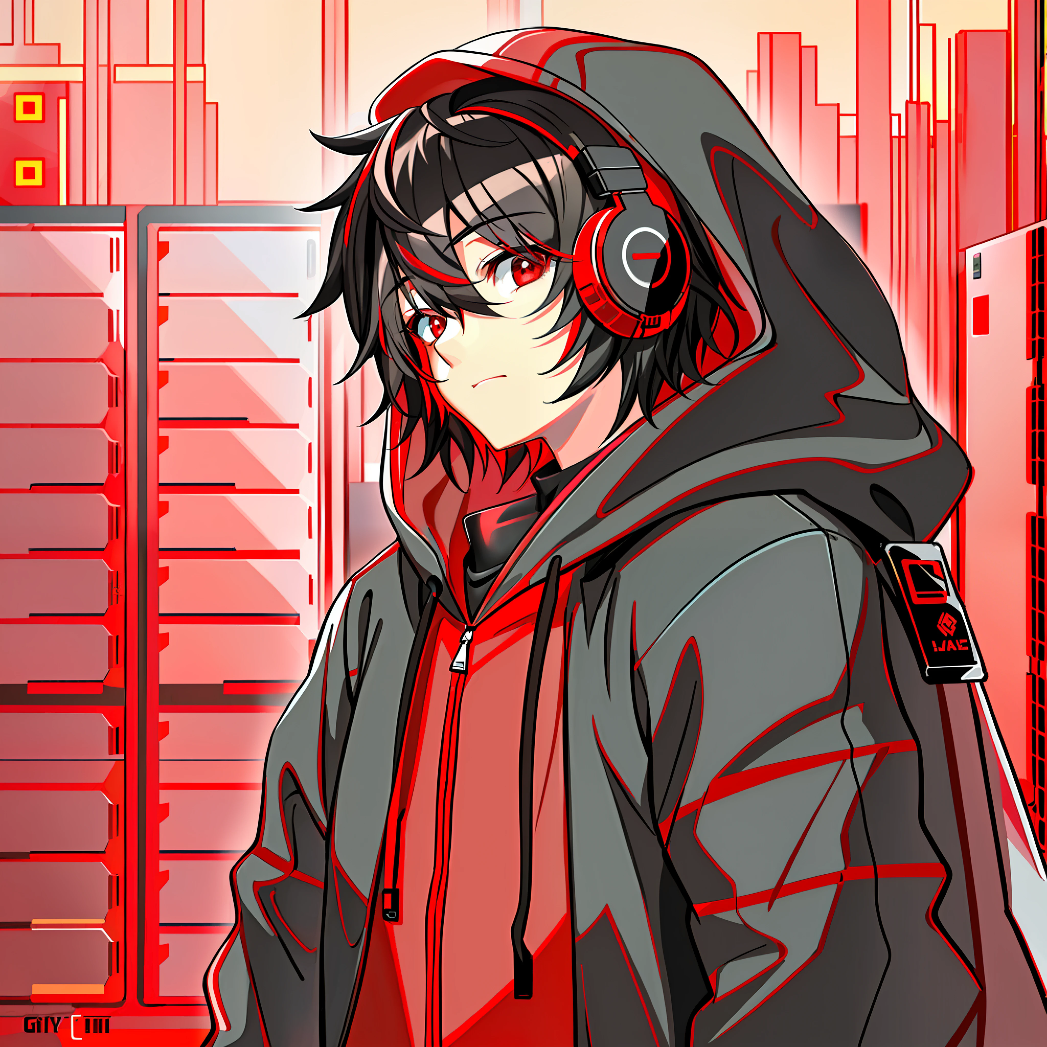 (((guy)), male, dude, (using a laptop), (((in a server room))), highly detailed, trends on artstation, listen to music, red headphones, black hoodie, hat, programming, (red eyes), (very short black hair, red highlights), intricate, sleepy person, eyes looking out of the camera, looking left