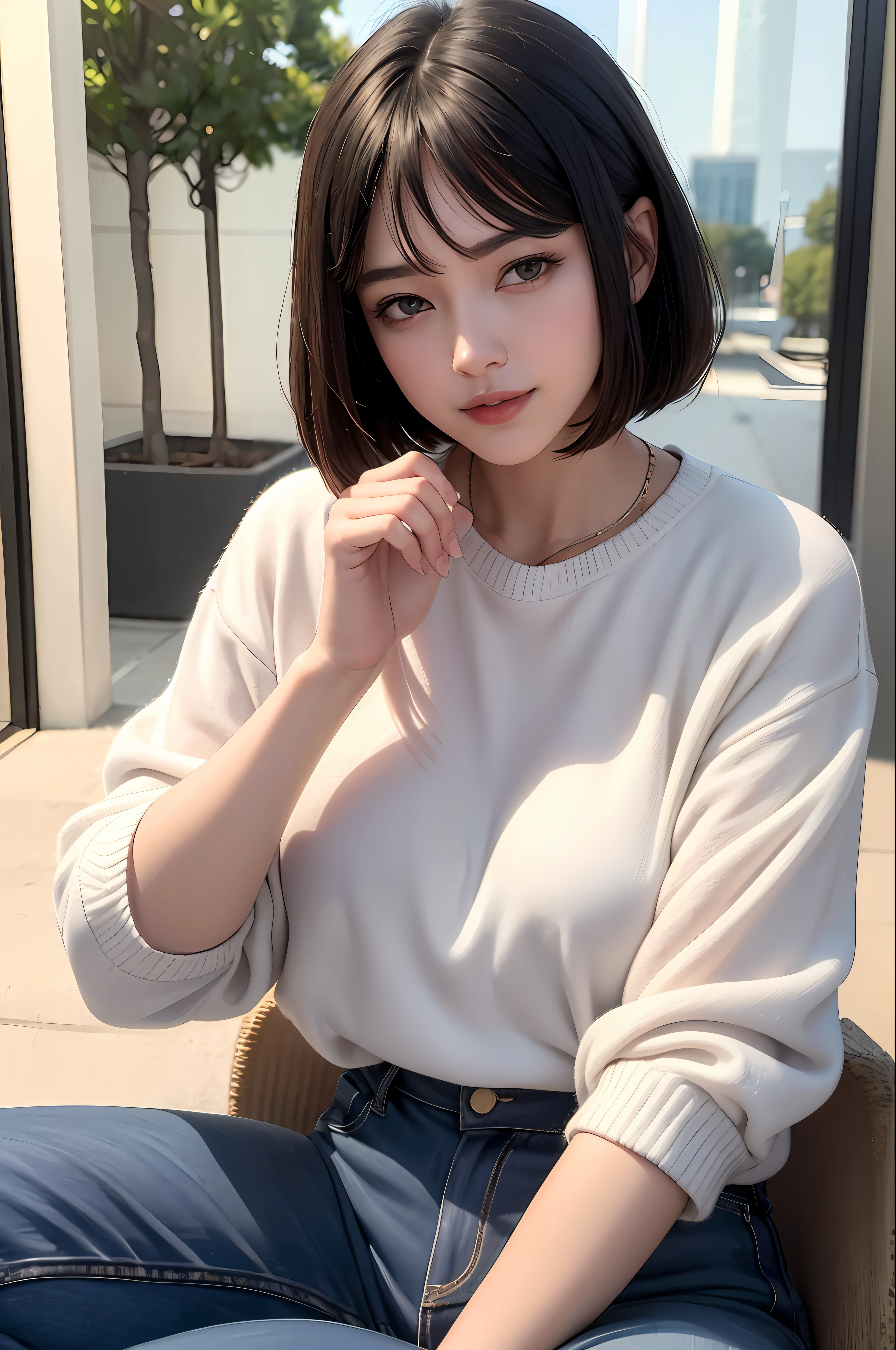 Top Quality, Masterpiece, Ultra High Definition, (Photorealistic: 1.4), Look Off, Don't Look Viewer, Raw Photo, One Girl, Dark Hair, (Straight Bob: 1.4), Patsun, Smile, Glossy Skin, Dramatic Lighting, Neat, T-Shirt, White Summer Sweater, (Big: 0.9), Park