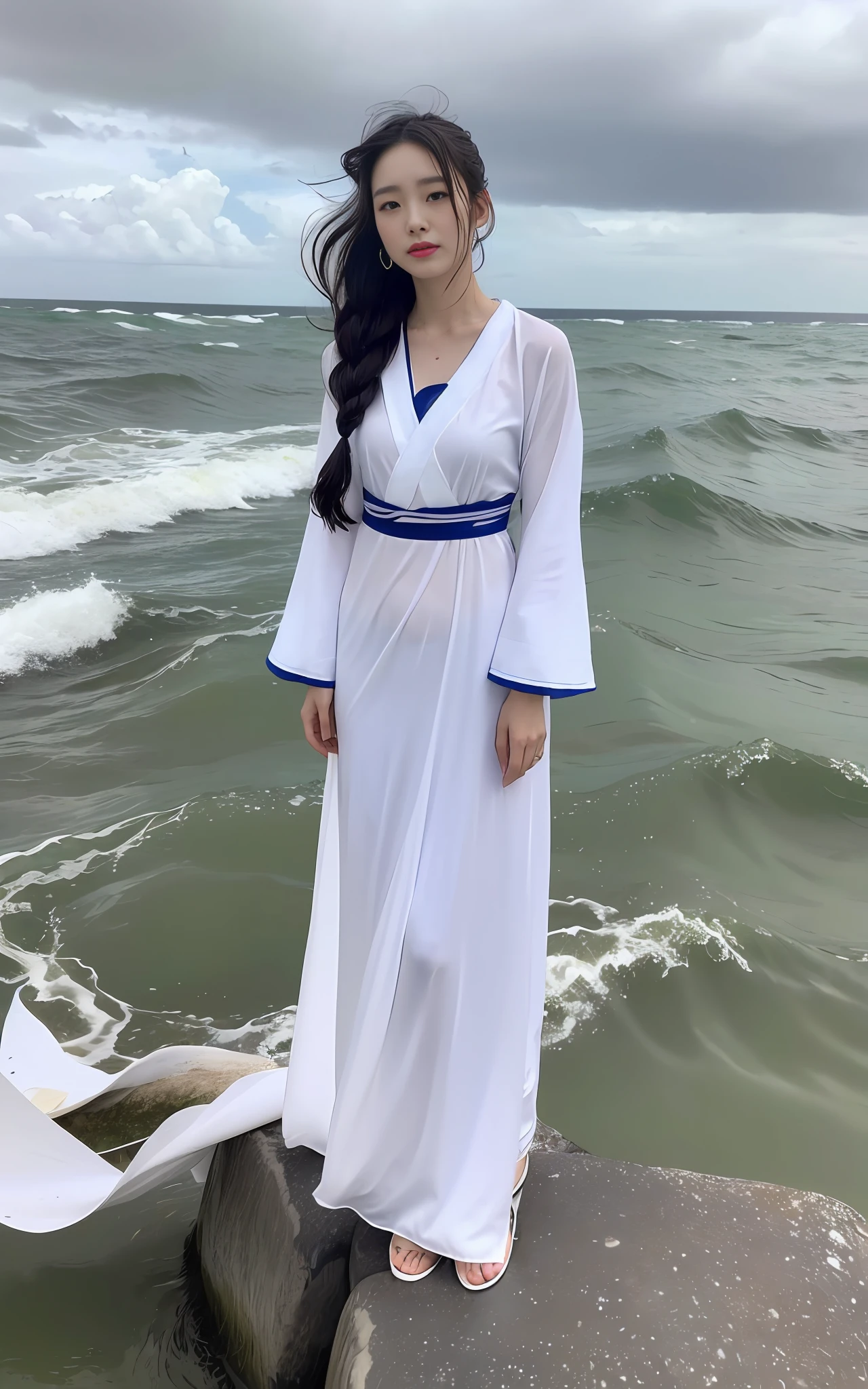 (Korean woman, (masterpiece, beautiful person, sad demeanor), (virtual YouTube: 1.5)), detailed skin texture, detailed cloth texture, exquisite and detailed face, masterpiece, collarbone, slender waist, slimming, tears, sadness, despair, 10,000 years ago, the sky was covered with dark clouds, thunder and lightning, in the vast sea of wind and waves, ancient canoes floated on the waves, women standing on canoes, ponytails, hair and clothes wet by the sea and fluttering with the wind, (wet through: 1.5), (wet hair: 1.4), (period costume, (white Hanfu, pure white, white gauze clothes), heroine, fairy, immortal,), camera shot ten meters away, ((full body shot, wide angle lens)), on the ocean, in the rain, wet hair, low-tied long hair, crossover,