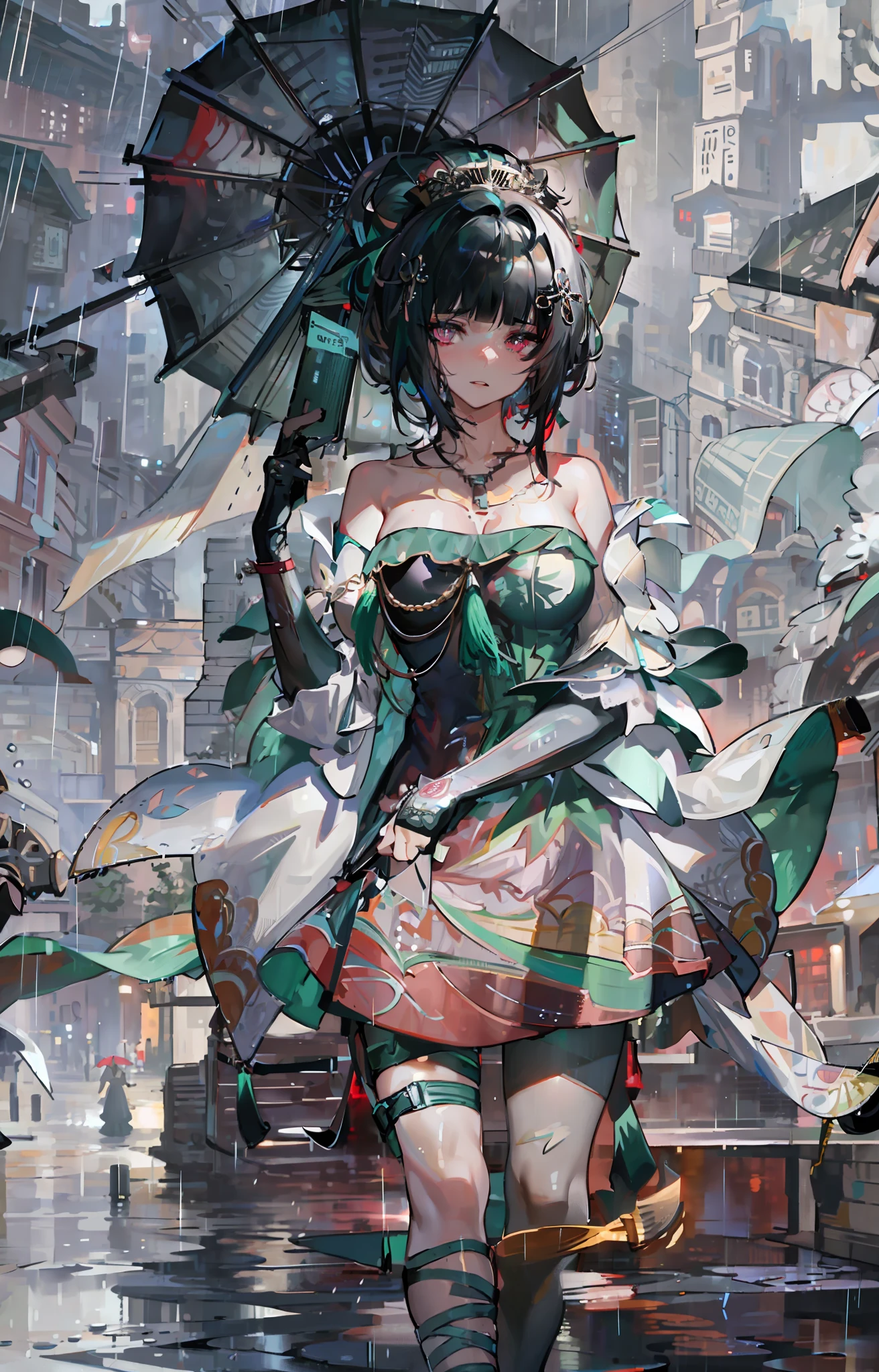 ((Best quality, 8k, lace maxi dress, standing in the rain, red light district, highly detailed face and skin texture, detailed eyes, double eyelids.)