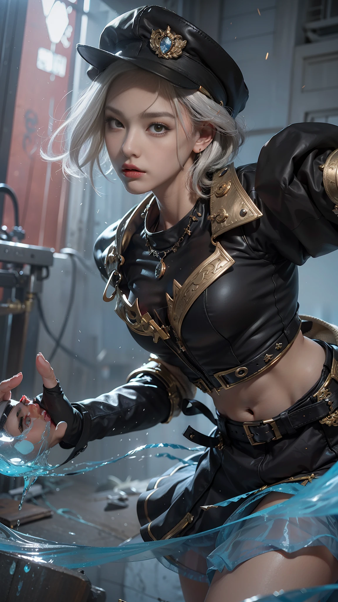 (female:1.2) (bodybuilder:0.8), hyper realistic, masterpiece, photorealistic, realskin, detailed face, detailed skin, detailed lighting, 1girl, short hair, white hair, large breasts, navel, red eyes, skirt