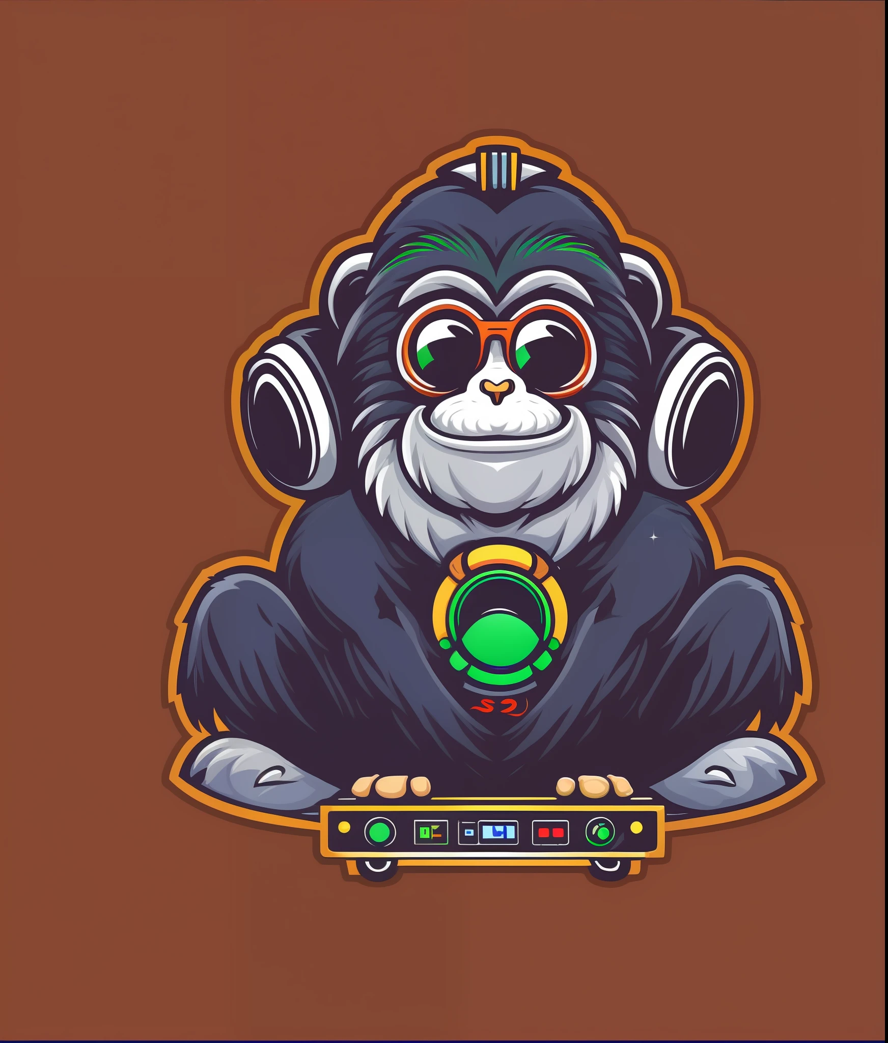 a monkey dj, playing the sound system with big speakers, ready to print on tshirt, intricately detaild, ultra high definition, centered, vector, intricately design tshirt art made in illustrator, vibrant color, isometric perfect ratio
