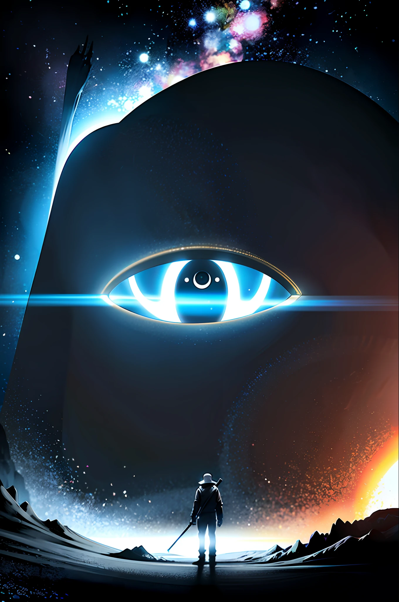 A guy inside a cave lighting the way with a torch and at the bottom of a monster that appears only his gigantic eye