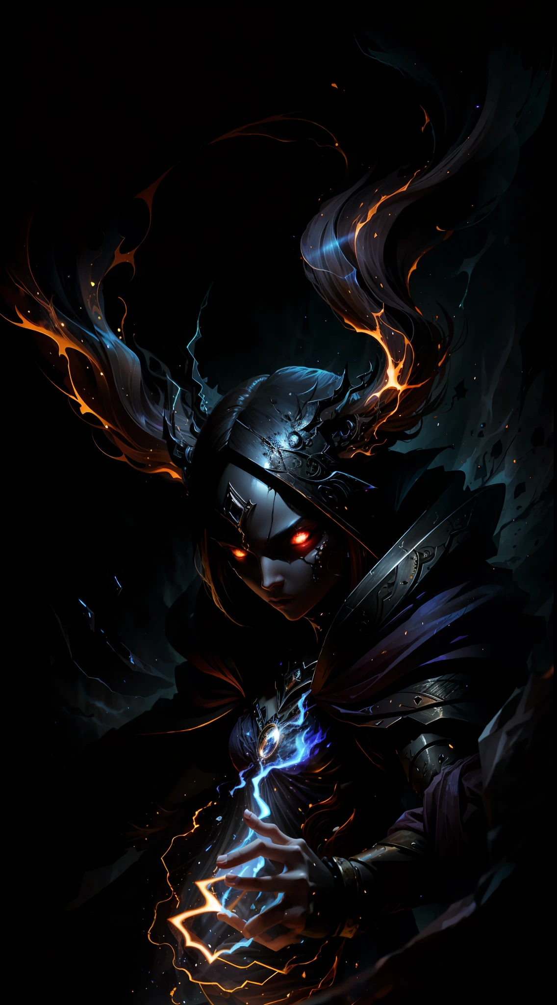 A demon witch casting fire spells, beautiful, very detailed, surreal, cinematic lighting, dark, space background, soft cinematic lighting, (backlight: 1.2), (flare: 1.2), (flash: 1.1), (chromatic aberration: 1.2), clear focus, high contrast, V0id3nergy magic aura, V0id3 energy battle mage, V0id3 nergy cute hollow