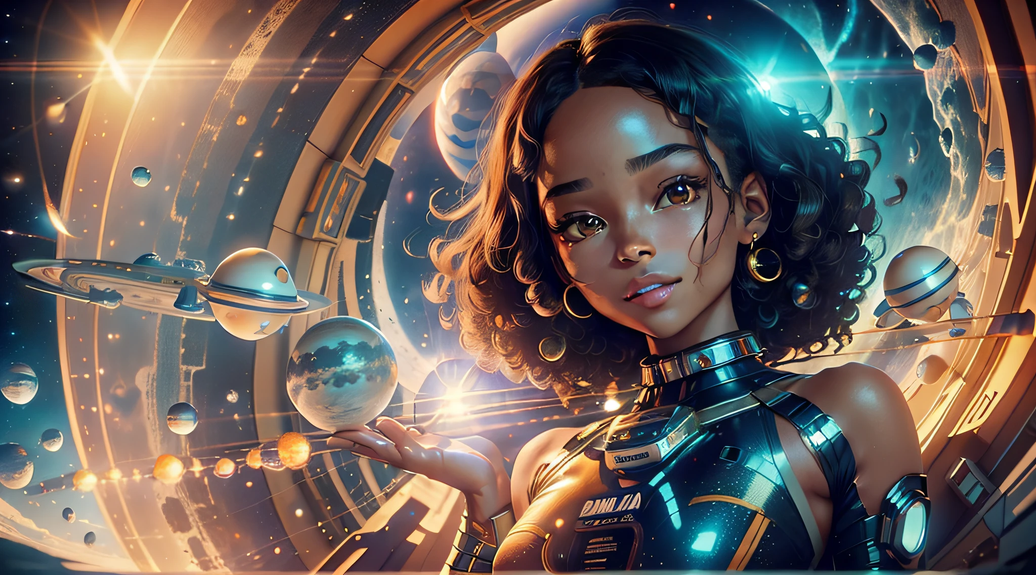 A girl with black skin and curly hair floats inside a large gravitational capsule, dynamic angle, (perfect smile, realistic bright eyes, perfect body, full body, open right arm, open right hand with 5 perfect fingers, open left arm, open left hand with 5 perfect fingers, right leg apart with perfect right foot, stretched left leg with perfect left foot, perfect knees, perfect elbows, perfect neck, small hips, small breasts, maximum quality, golden ratio, (small space objects in the background: 1.2), (((2 spaceships, 3 planets and 1 sun in the background: 0.5))), anime portrait Space Cadet Girl, of a 2 0 1 9 Sci Fi 8 K movie, Zoe Kravitz futuristic astronaut, 8 K movie still, movie still 8 K, Zoe Kravitz as an astronaut, in spacesuit, girl in space, landscape 8k render, beautiful girl in spacesuit, amplitude, general plan, cinematic, photorealism, film grain, anamorphic, (without gravity: 1.8), beautiful, milky, highly detailed skin, realistic skin details, visible pores, lomography, translucent, maximum quality