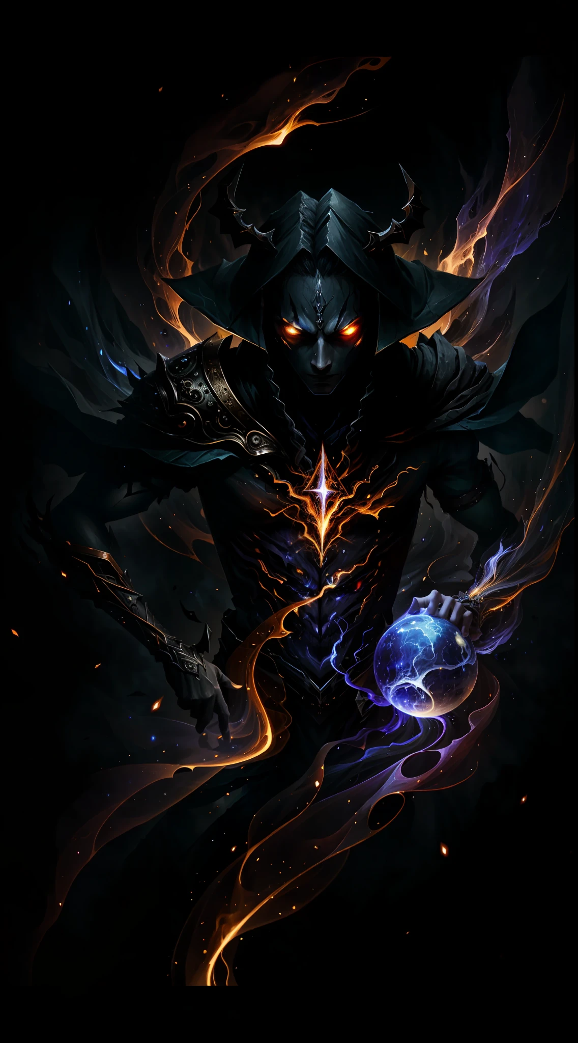 A demon witch casting fire spells, beautiful, very detailed, surreal, cinematic lighting, dark, space background, soft cinematic lighting, (backlight: 1.2), (flare: 1.2), (flash: 1.1), (chromatic aberration: 1.2), clear focus, high contrast, V0id3nergy magic aura, V0id3 energy battle mage, V0id3 nergy cute hollow
