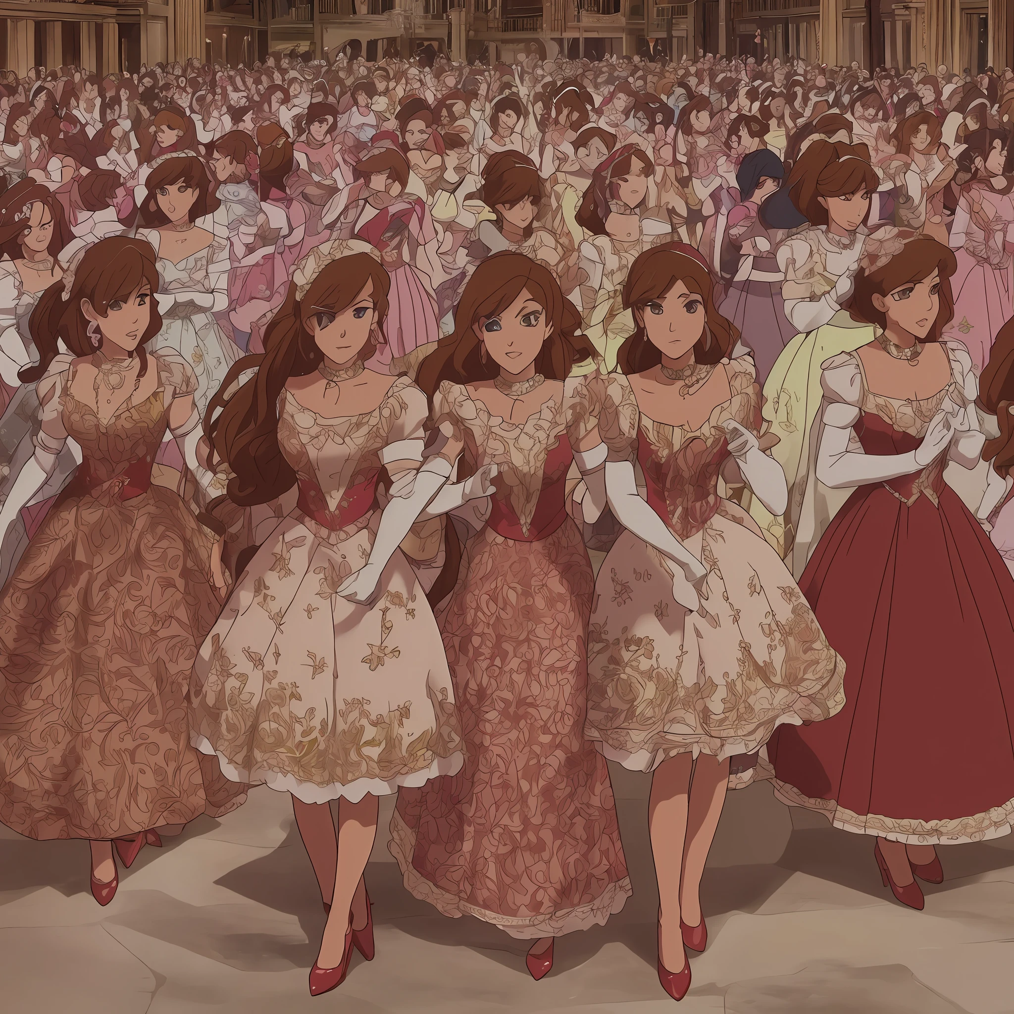 {{Mature female}}, {{{thousands of sisters, millions of sisters, billions of sisters}}}, {{{3girls, sisters, identical sisters, crowd, crowded, surrounded}}}, brown hair, wavy hair, matching hairstyle, brown eyes, red dress, matching dress, white elbow gloves, red high heels, matching outfit, full body, all sisters dancing, sisters dancing in sync,{{masterpiece}}, {{ballroom}}, high quality, {{extremely detailed anime screencap}}