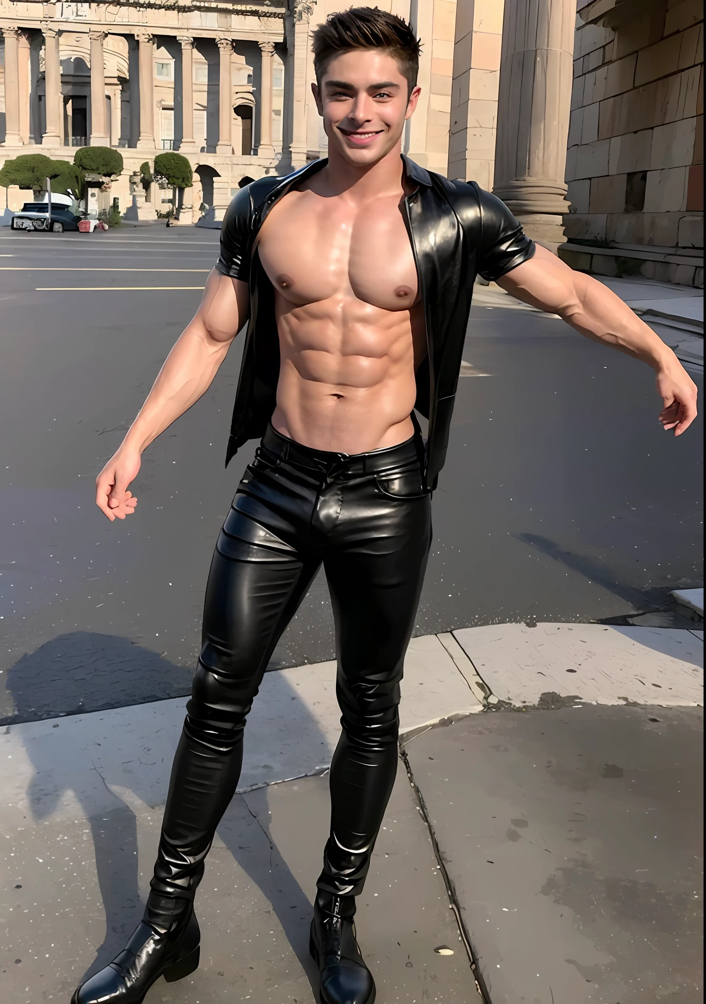 Handsome zac efron. 25 years old. Smiling face. (fit body: 1.5), (big muscle: 1.4). ((lean muscle:1.5)) ((Dressed in black leather pants, topless)) Standing in A Palace of Ancient Rome