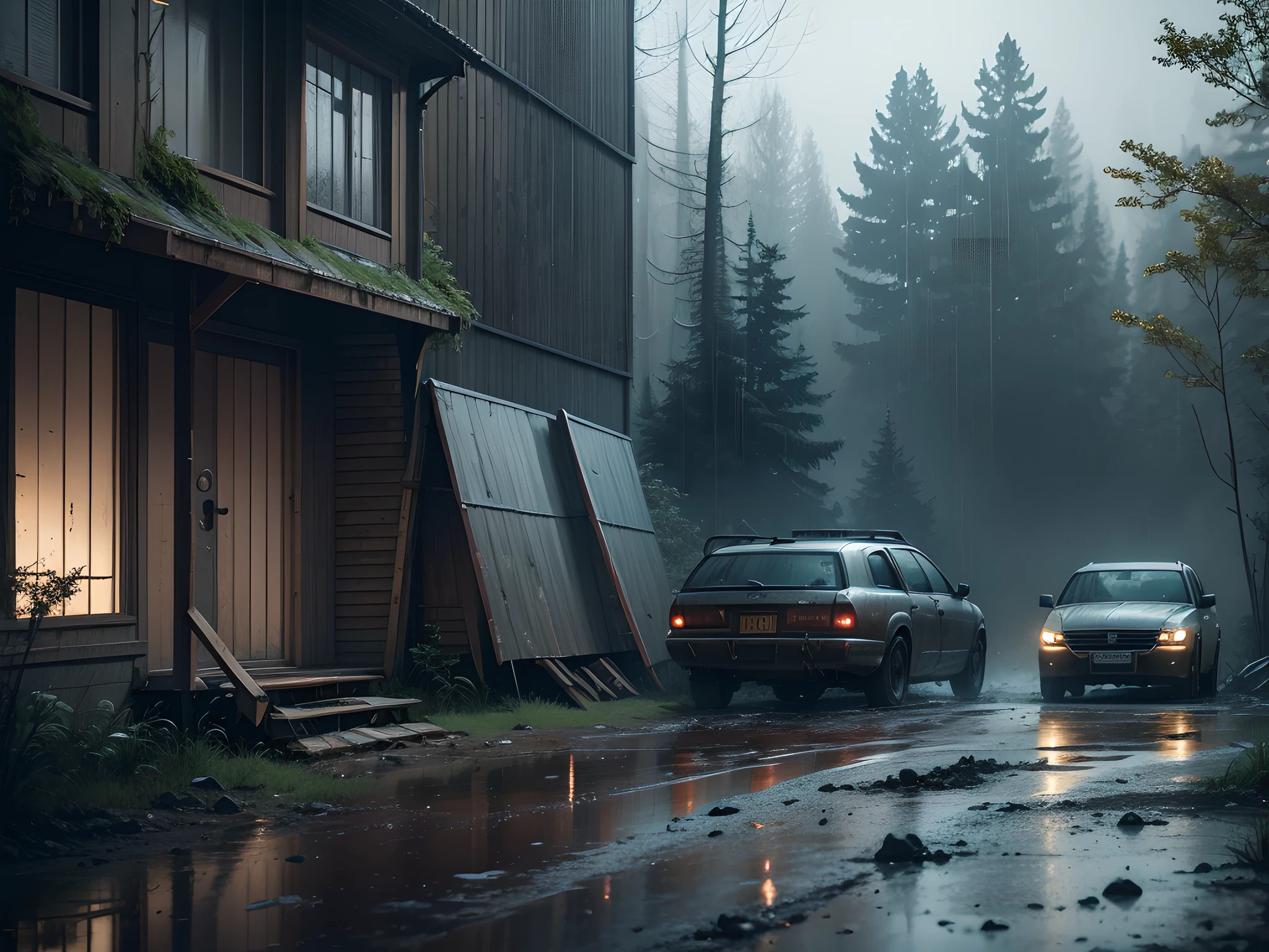 There are two old, very dirty and dented cars that are parked in the mud, in a forest clearing, highly detailed cinematics, atmospheric and gritty detailed cinematics, detailed cinematic rendering, hyper-realistic environment, gloomy and dark cinematic lighting, 4K and hyper-realistic concept art, cinematic environment, rainy day. game rendering, dark photorealistic concept art, highly detailed cinematics, detailed cinematic shot, environment artist
