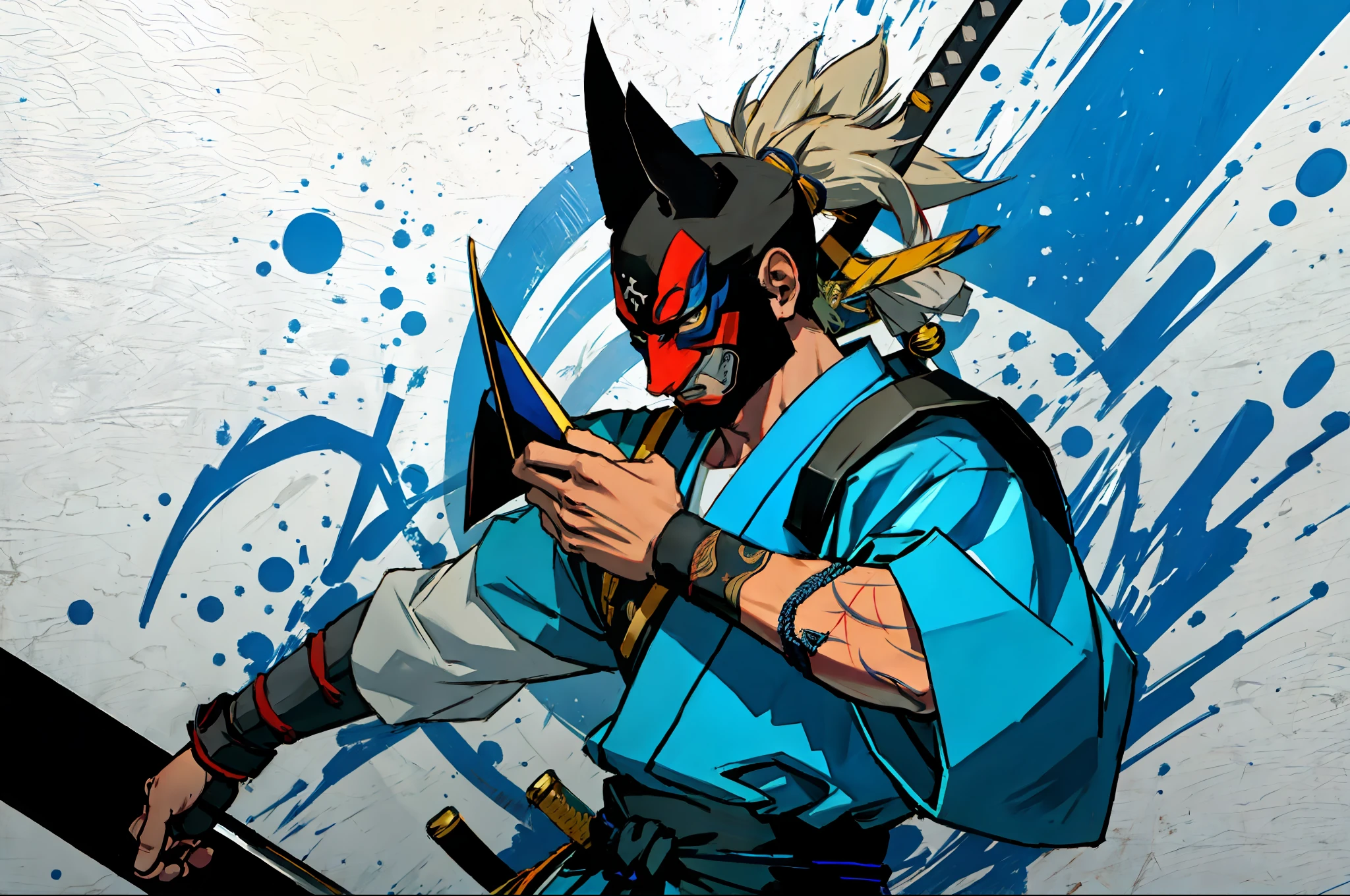 masterpiece, best quality, ((1man)),samurai, wearing blue kabuki mask,