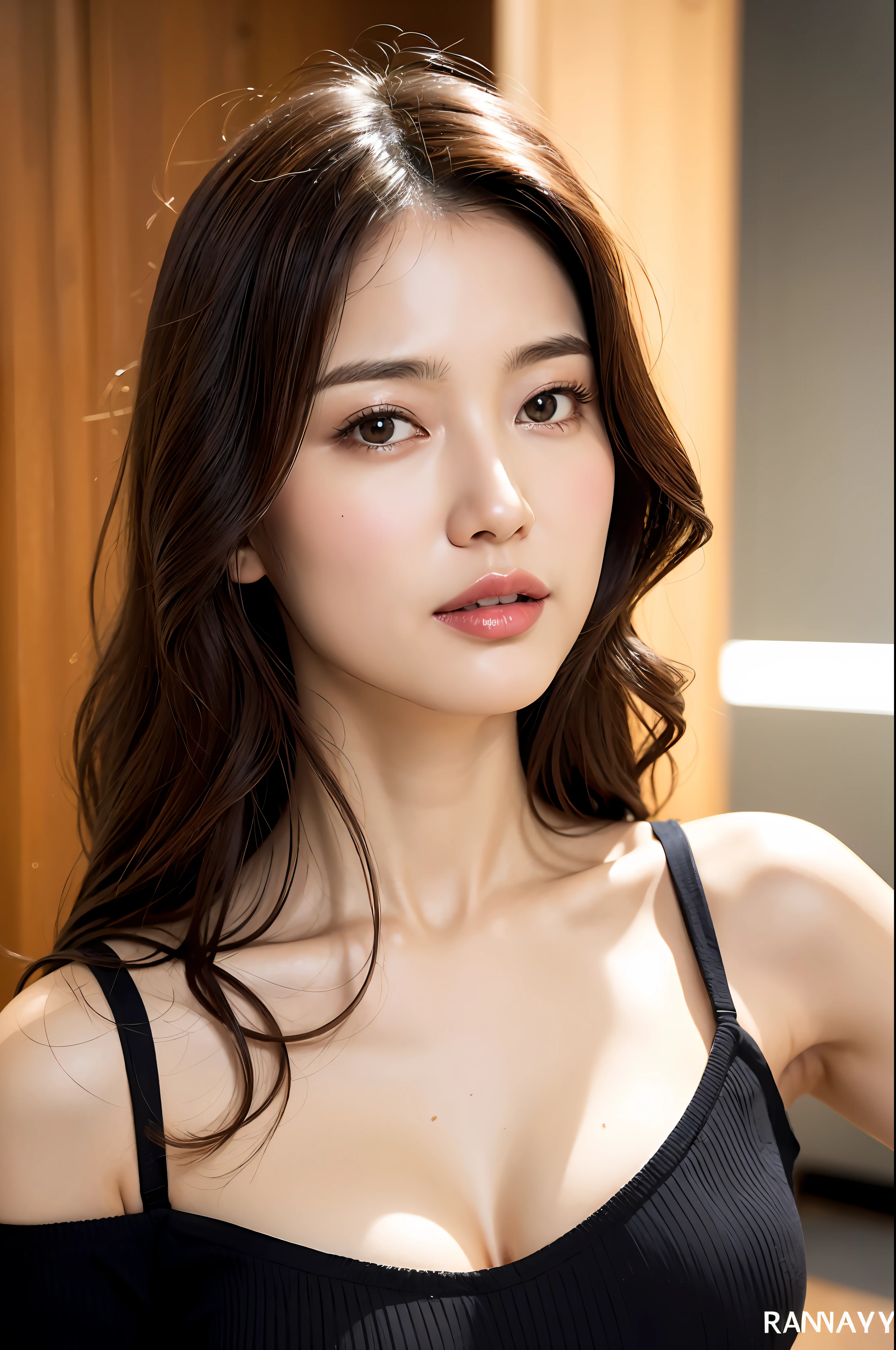 Mature milf lad,erotic underwear style,super cute,extreme close up upper full body,nice perfect face with soft skin perfect face,gorgeous long wavy brown-haired,8K resolution,ultra-realistic,ultra-detailed,highs quality,erotic beautiful immature lady wearing trendy underwear clothing at a Ranway,