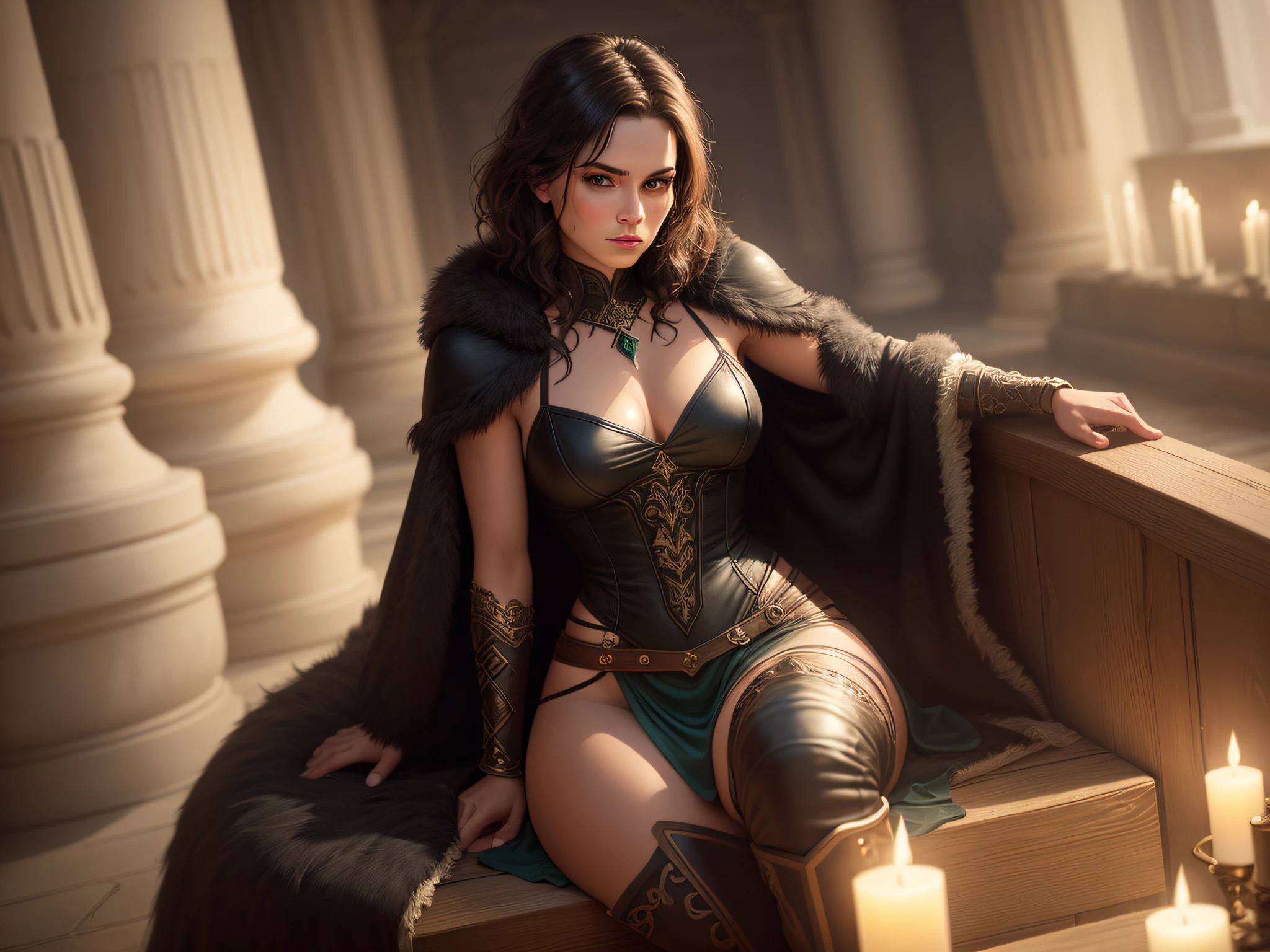 color photograph, ((a realistic photo of a beautiful girl)), glowing light, ((glowy skin)), (fit body:1.0), detailed illustration, masterpiece, (masterpiece, best quality), beautiful Russian woman, barbarian clothing, sultry face, 1lady, solo, open black robe, straight short brown hair, sultry green eyes, palace ballroom, small breasts, narrow hips, sitting on a throne, parted lips, fur boots
