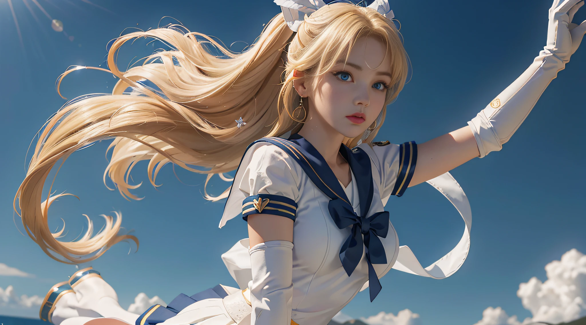 Close up, 1 girl, sailor, Tsukino Usagi, (sailor chiseki uniform:1.2), (aqua eyes:0.9), blonde hair, medium hair, wedge skirt, best quality, earrings, masterpiece, high resolution, intricate details, (realistic)), photography, (white elbow gloves:1.1), jewelry, medium breasts, full body, dynamic background, dynamic pose, white