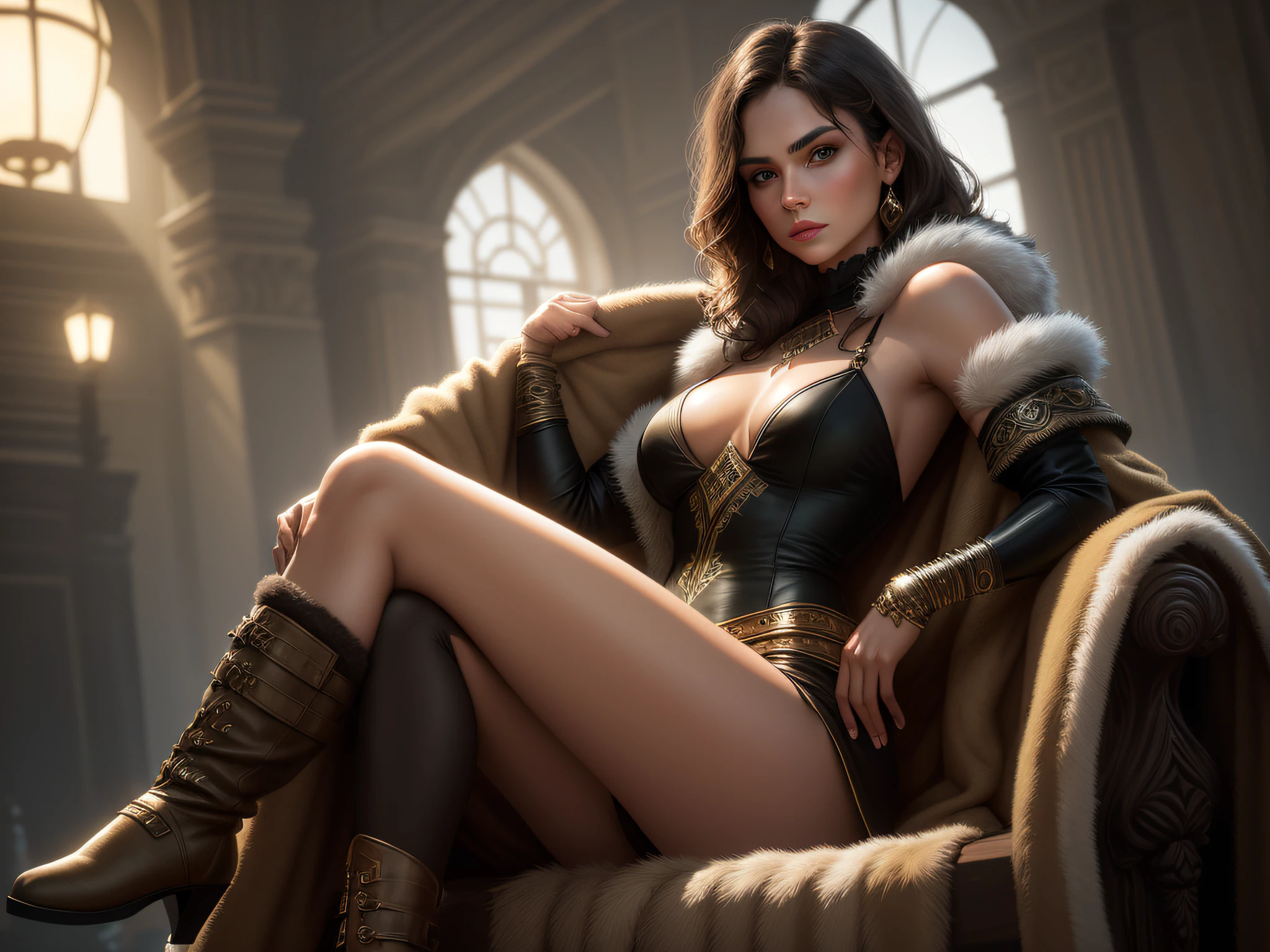 color photograph, ((a realistic photo of a beautiful girl)), glowing light, ((glowy skin)), (fit body:1.0), detailed illustration, masterpiece, (masterpiece, best quality), beautiful Russian woman, barbarian clothing, sultry face, 1lady, solo, open black robe, straight short brown hair, sultry green eyes, palace ballroom, small breasts, narrow hips, sitting on a throne, parted lips, fur boots