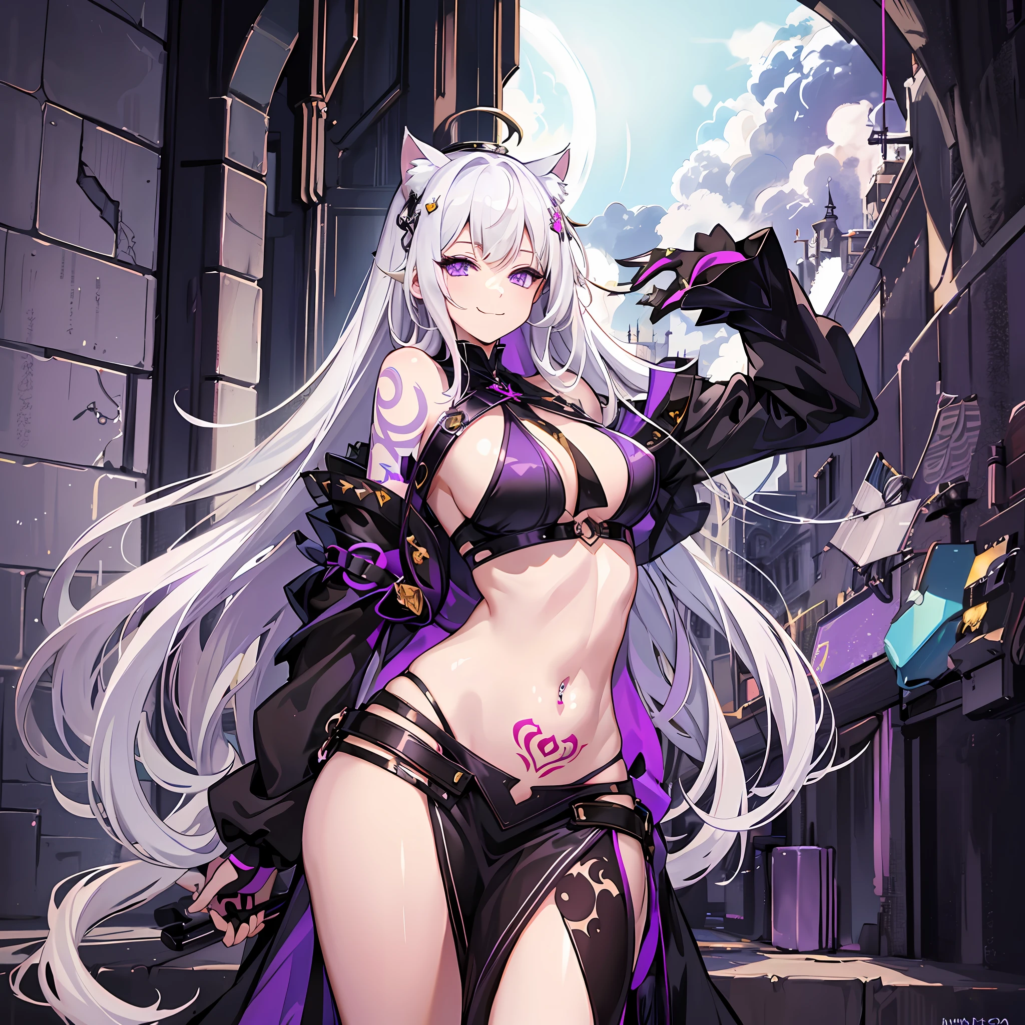 young girl, long white hair, purple eyes, cat ears, open belly, inner sideboob, tattoo, smirk, rich dress, masterpiece, high quality, princess, castle