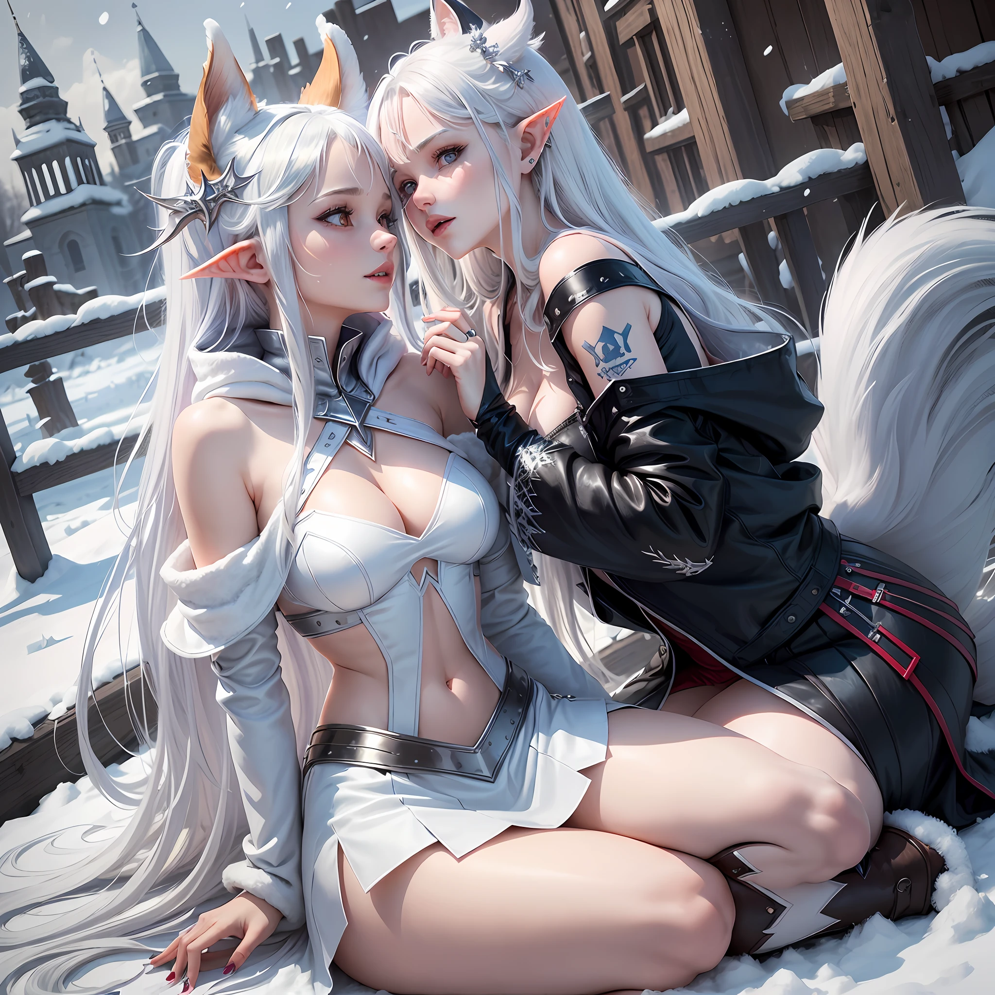 (couple, wlw, gxg, yuri, romance, kissing, 2girls:1.1), (white hair:1.1)
fox girl, 1girl, (long white hair, golden eyes:1.1), (dress, blue accents, cutout, navel cutout, skirt:1.2), (3 silver tails:1.4), absurdres, grin, soft blush, multiple tails
1girl, (white layered hair:1.1), (blue eyes, blue and white outfit:1.1), leather boots, facial tattoo, crystal jewelry, open jacket off shoulder, leather straps, hooded, painted nails, pointy ears, winter, in the snow, no head accessories, no animal ears, no tails, no wings, elf, elf girl, elven --auto --s2
