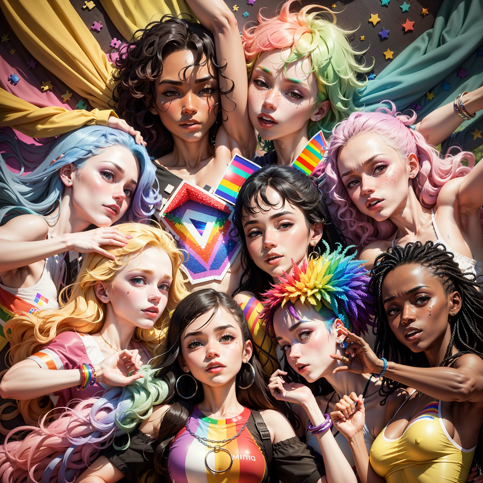 Create an image of Pride Day as a puzzle figure, with pieces of different shapes and colors fitting together perfectly, symbolizing diversity and togetherness in the LGBTQ+ community. --auto --s2