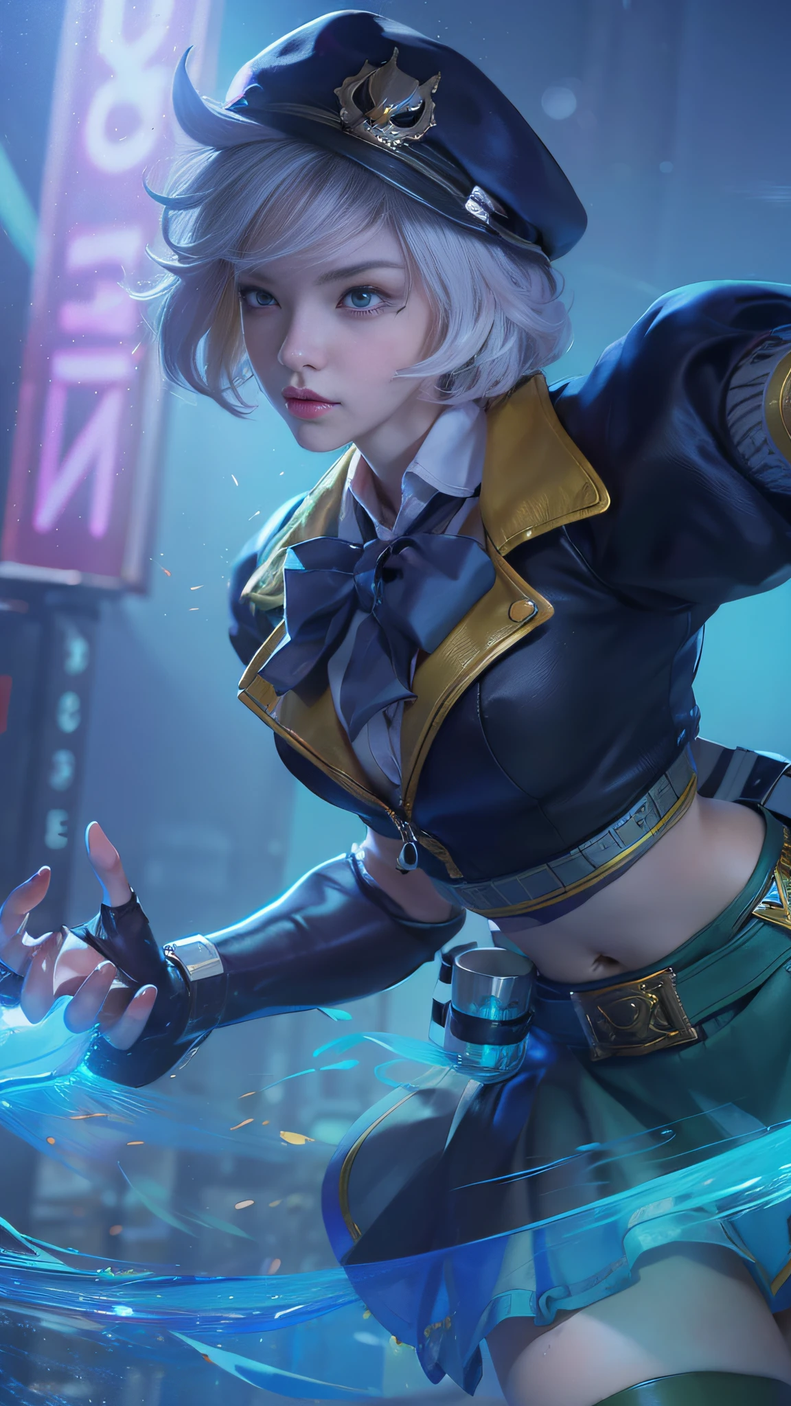 (female:1.2) (bodybuilder:0.8), hyper realistic, masterpiece, photorealistic, realskin, detailed face, detailed skin, detailed lighting, 1girl, short hair, white hair, large breasts, navel, pink eyes, skirt, cute face, tiny, teen