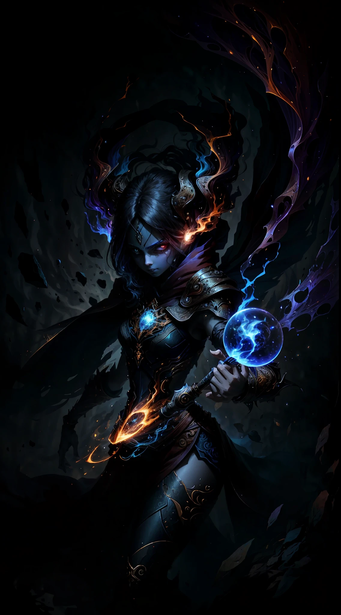 A demon witch casting fire spells, beautiful, very detailed, surreal, cinematic lighting, dark, space background, soft cinematic lighting, (backlight: 1.2), (flare: 1.2), (flash: 1.1), (chromatic aberration: 1.2), clear focus, high contrast, V0id3nergy magic aura, V0id3 energy battle mage, V0id3 nergy cute hollow