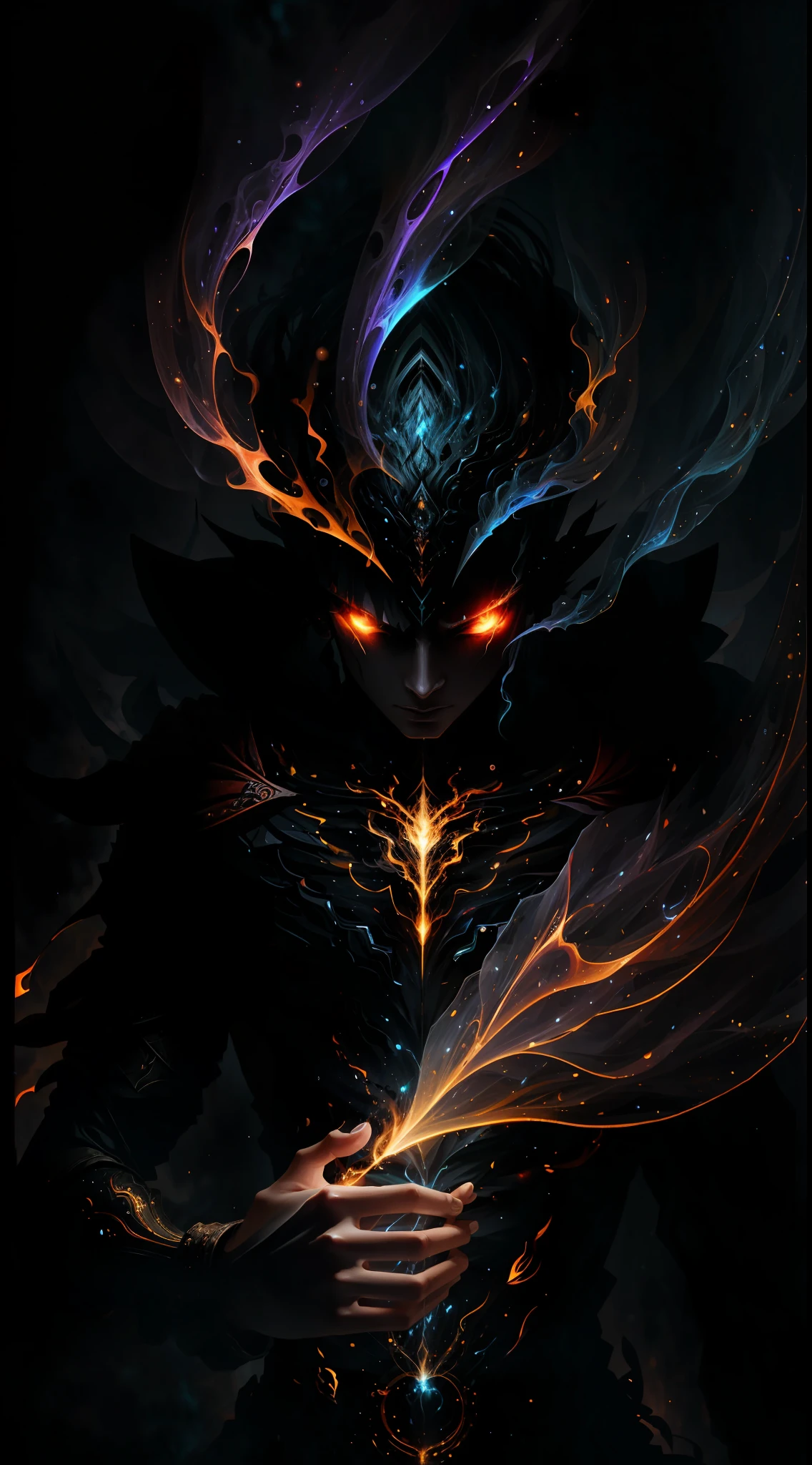 A demon witch casting fire spells, beautiful, very detailed, surreal, cinematic lighting, dark, space background, soft cinematic lighting, (backlight: 1.2), (flare: 1.2), (flash: 1.1), (chromatic aberration: 1.2), clear focus, high contrast, V0id3nergy magic aura, V0id3 energy battle mage, V0id3 nergy cute hollow
