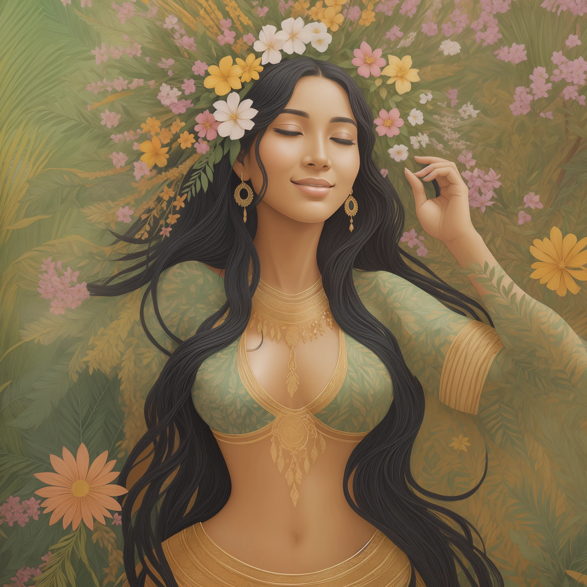 Imagine a paradisiacal setting, where nature exudes its exuberance and vitality. In this environment, the orixá Ewá, a deity of the Yoruba pantheon associated with fertility, flowering and renewal, reveals herself in all her magnificence.
In the painting, highlight the radiant figure of Ewá in the foreground. She is portrayed as a young and graceful woman with a soft skin and a serene smile. Her long black hair is adorned with colorful flowers, which symbolize her connection with flora and the renewal of nature.
Around Ewá, represent elements that highlight your connection with the vegetation and the beauty of the land. Paintings of lush flowers and tropical plants can wrap around your body, creating a mantle of life and vitality. Butterflies and colorful birds may be present, symbolizing transformation and freedom.
On Ewá's face, he caught a soft, radiant expression. His eyes convey the wisdom and serenity of nature, while his features emanate the energy of renewal and flourishing. Subtle details on your skin can suggest an inner luminosity, highlighting your divine connection to the earth.
Use a vibrant and lush color palette to convey the energy of nature and fertility. Shades of green, pink, yellow and orange can predominate, creating an atmosphere of joy and abundance. Use soft, flowing brushstrokes to convey the fluidity and vitality of the scene.