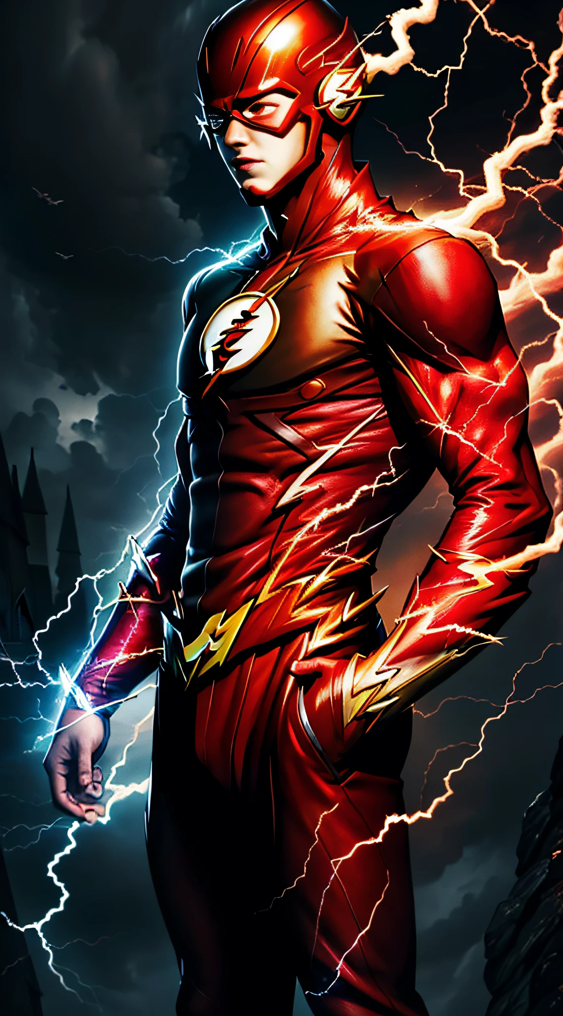 Masterpiece, best quality, ((The Flash)), (Very detailed 8K wallpapers), (Best quality), (Best photos), (Best shadows), Dark Night, Dark Night, Gloomy Tones, Circle skill that highlights red lightning, blue lightning