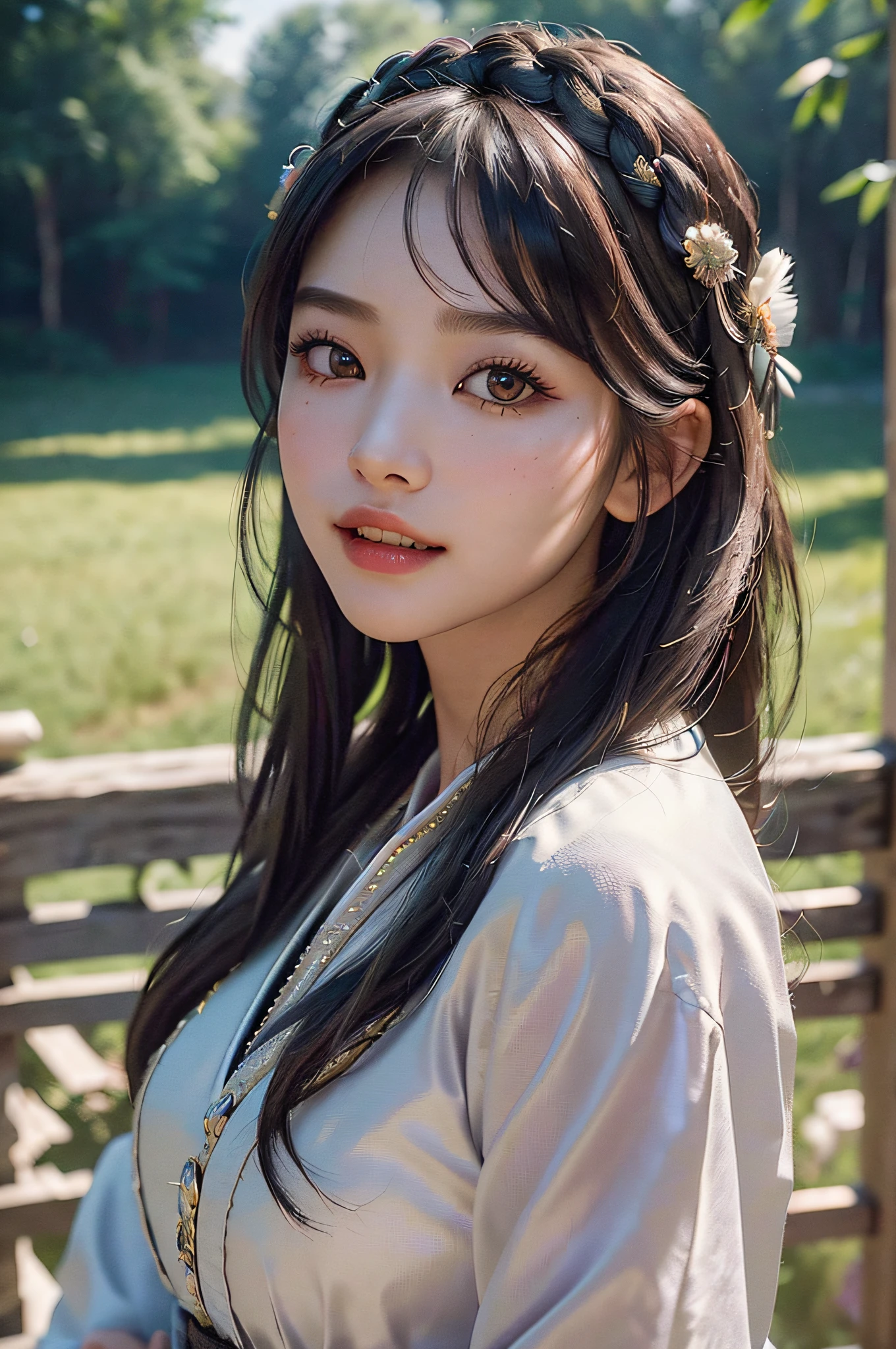 (Masterpiece, Best Quality, Beautiful Quality, Realistic, Looking at the Viewer, Detailed Lighting, Extremely Detailed Skin, Extremely Detailed Hair, Extremely Detailed Teeth, Shadows, 8K:1.2), (Photo of a Woman, 1 Girl: 1.2), Blush, Shyness, Big, Chinese Miao Costume & Headdress, Multiple Angle Shot