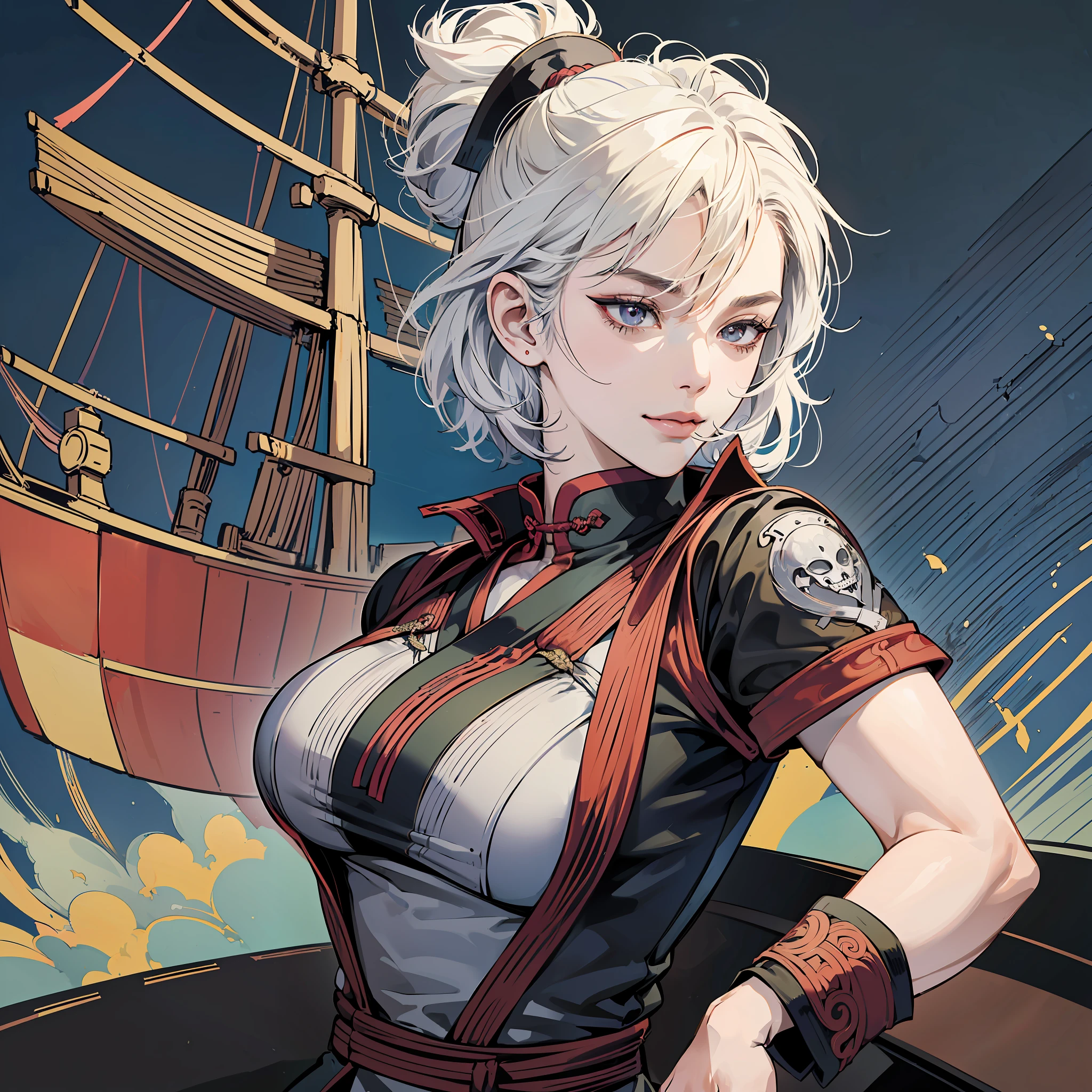 (open image) (kaisen jujutsu style), (line art:1.5), (1 woman:1.3), ((color)), Chinese, cut in left eye,pirate clothing, short white hair, (masterpiece, pirate ship, giving slight smile,top quality, best quality), well detailed strokes, extremely detailed background, good composition, good anatomy, perfect lighting, good shading, (realistic:1.3), --auto --s2