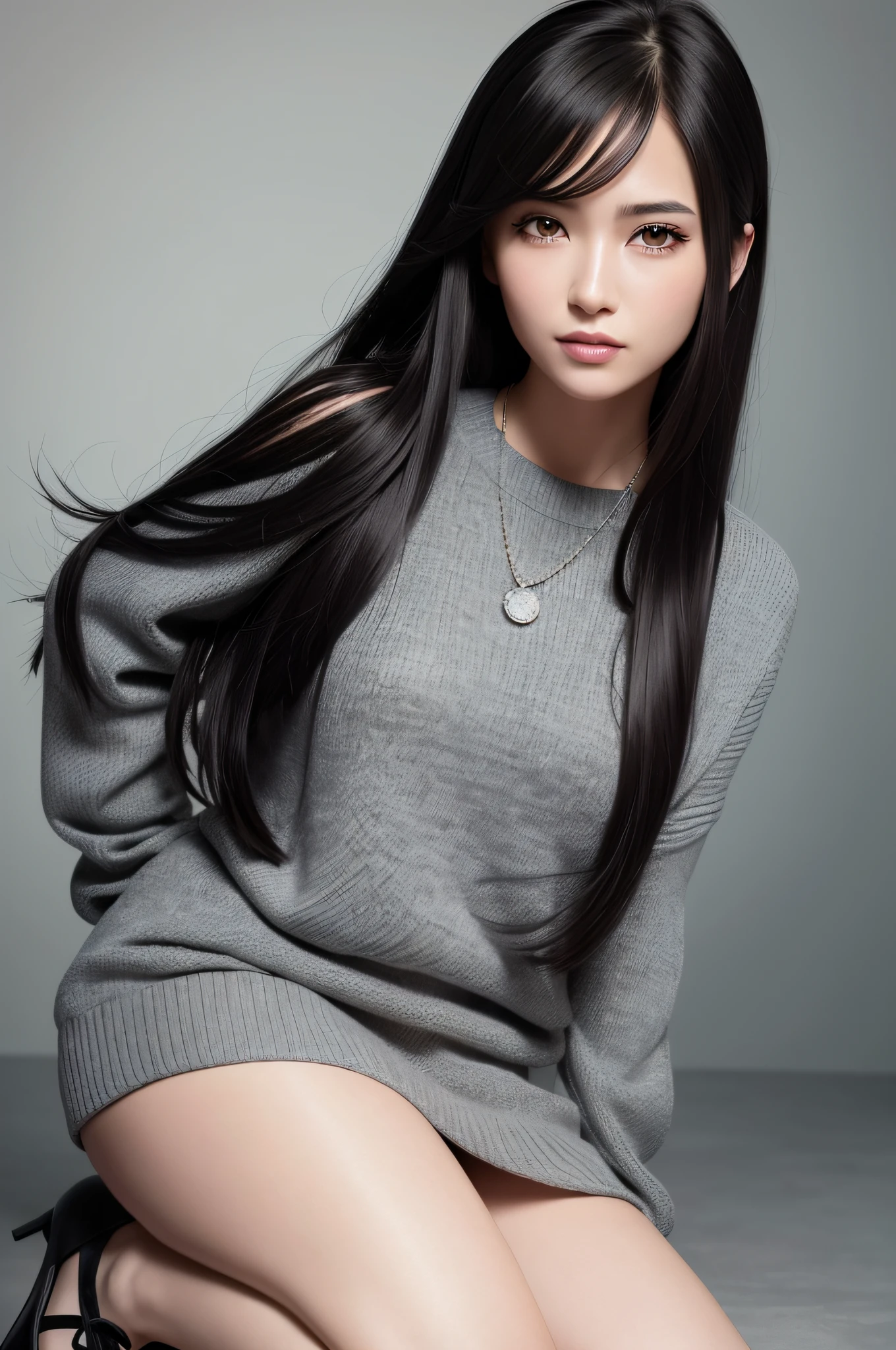 (RAW photo:1.2), (photorealistic:1.4),(masterpiece:1.3),(best quality:1.4),ultra high res,(detailed eyes),(detailed facial features),(detailed clothes features),HDR,8k resolution, solo focus, bangs, skin tight, (shiny skin),(slender girl),dreamlike,
(extreme detailed illustration),check commentary,commentary request,scenery,no text,
VirtualGirl-Aim, medium breasts, straight hair, long hair, black hair, black eyes,
1girl, upper body,
crystal pendant,grey sweater,hip skirt,high-heeled shoes,
cute, innocent,
(smile),
