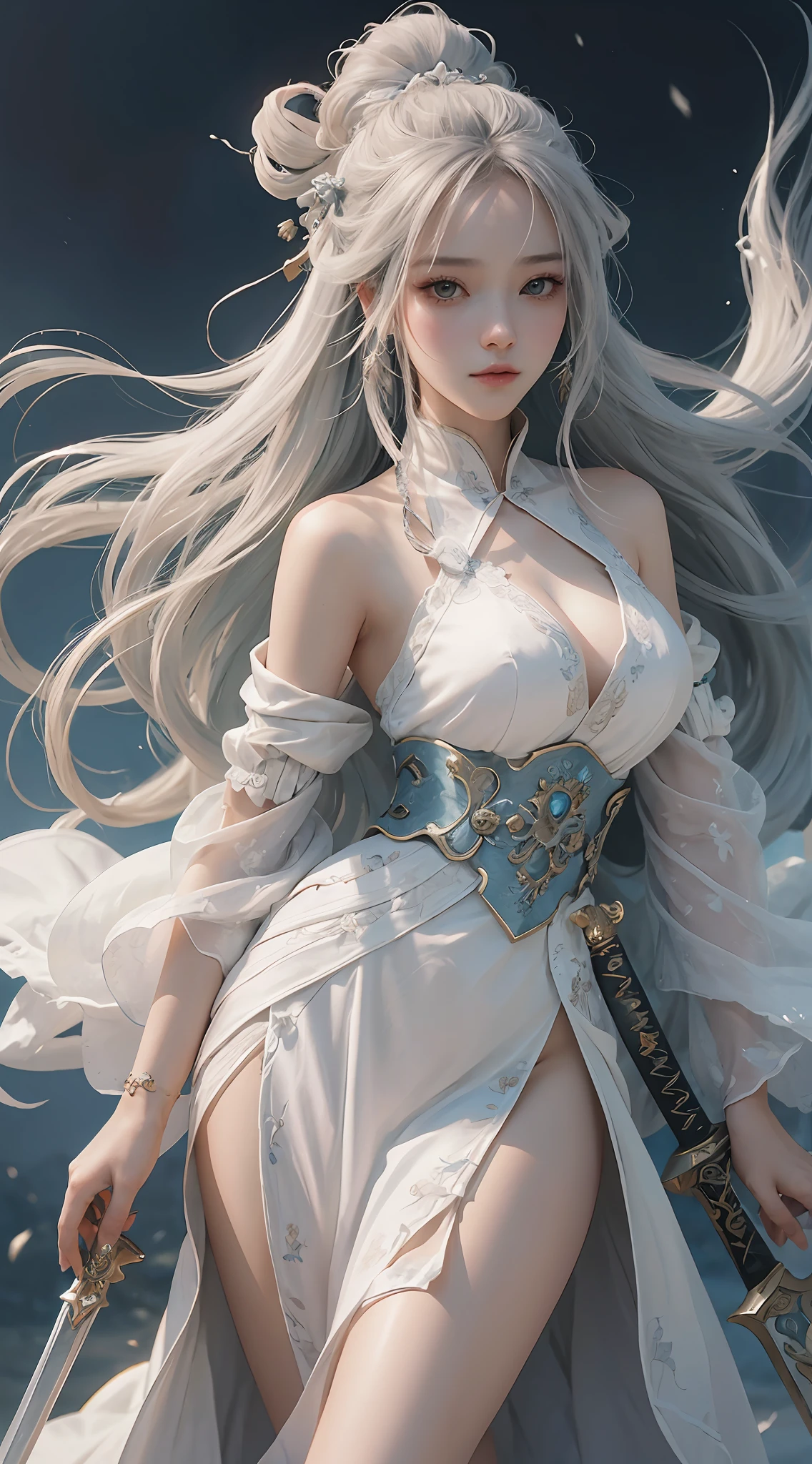 a close up of a woman with a sword in a white dress, a character portrait by Yang J, trending on cgsociety, fantasy art, beautiful character painting, artwork in the style of guweiz, guweiz, white hanfu, flowing white robes, full body wuxia, epic exquisite character art, stunning character art, beautiful female assassin --auto --s2