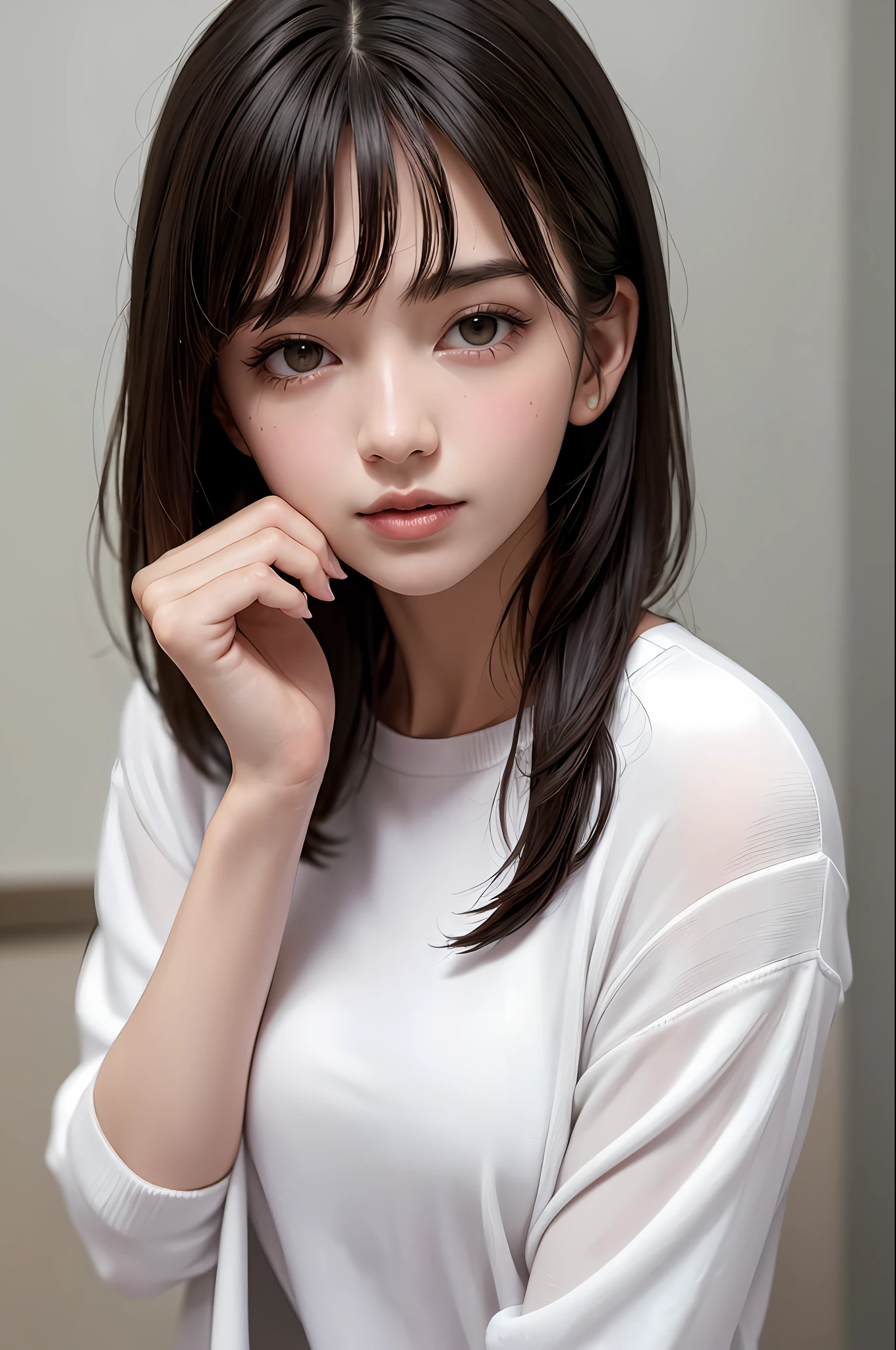 Top Quality, Masterpiece, Ultra High Definition, (Photorealistic: 1.4), (Look Off: 1.4), (Look Off: 1.4), No Look at Camera, Raw Photo, One Girl, Dark Hair, (Straight Bobs: 1.4), (Patsun: 1.4), Bangs, Smile, Glossy Skin, Dramatic Lighting, Neat, T-Shirt, White Summer Sweater, (Big: 0.9), parks