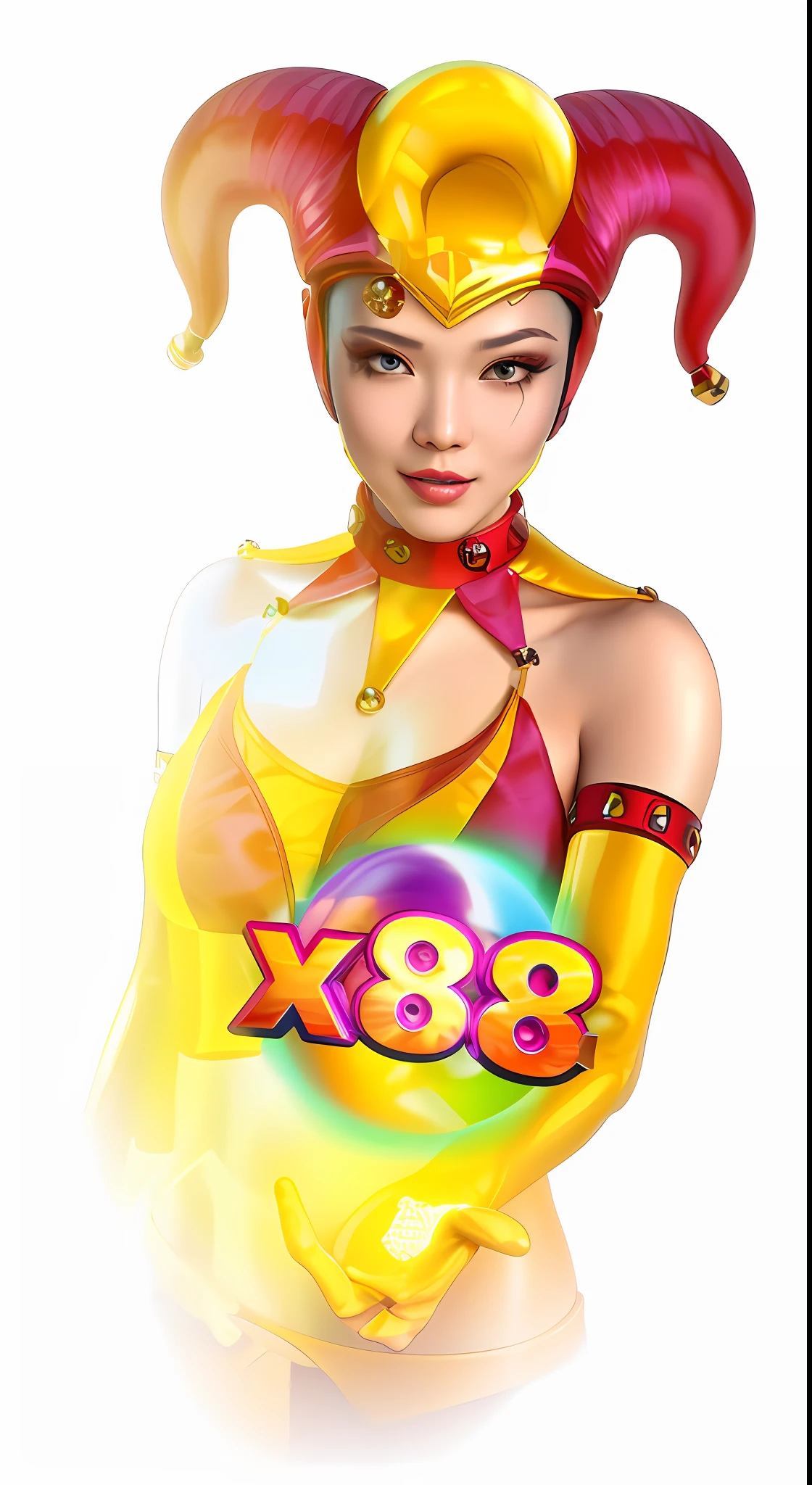 A woman wearing a big speaker with XX888 written on it, 8 K highly detailed, 8K highly detailed, 8K Ultra HD Character Details, Pop 3D 8 K Ultra Detail 💀 🚀 🔥 🤖 ❤🔥, 8 K Character Details, 3D Rendered Character Art 8 K, 8 K Ultra HD 🔥 ❤️ 🤖 💀 🔥 🚀 Poser, replaced with Asian beauty face, sweet look with high temperament, high detail on the face, no background added, PNG transparent background format --auto --s2
