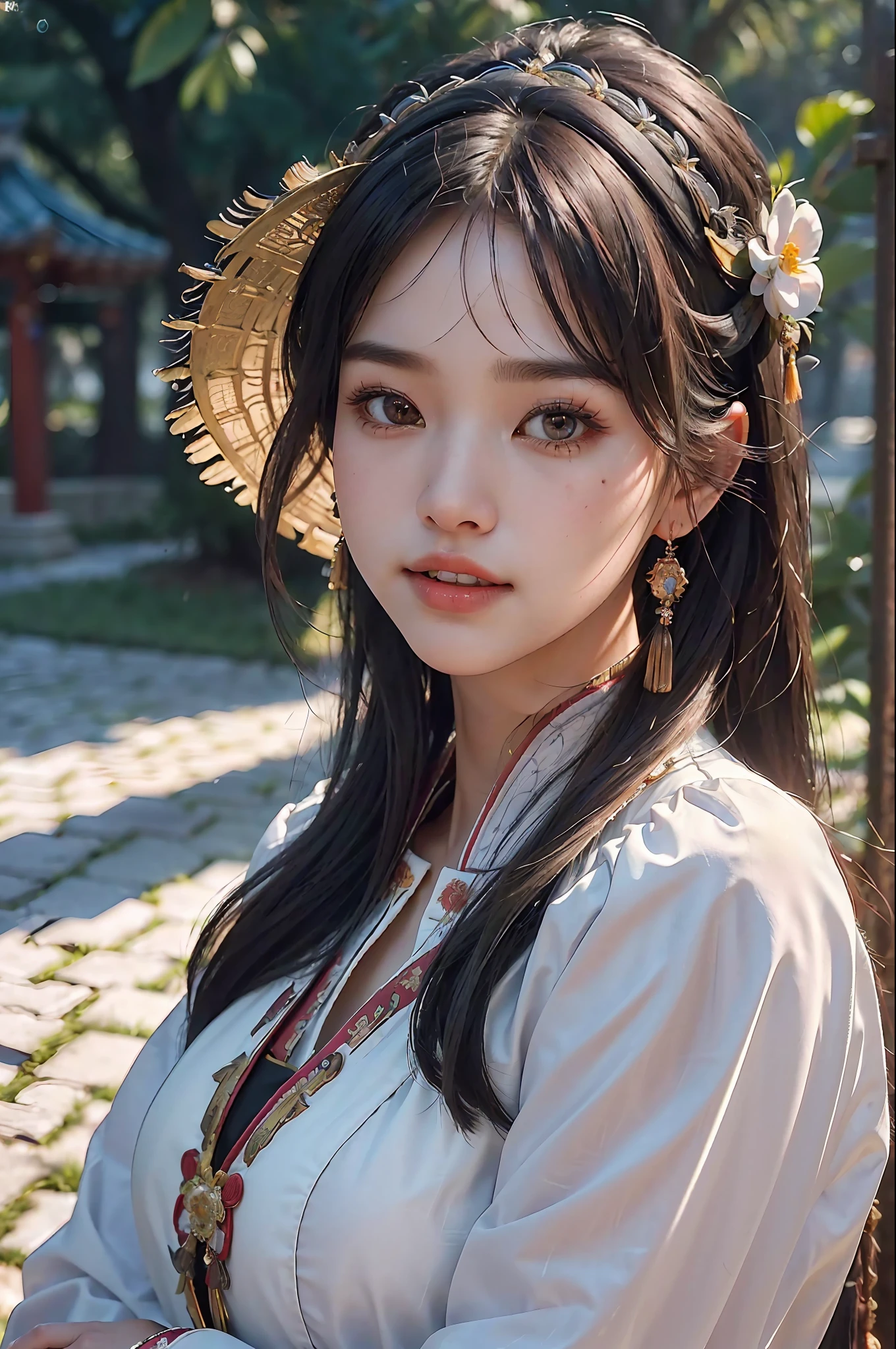 (Masterpiece, Best Quality, Beautiful Quality, Realistic, Looking at the Viewer, Detailed Lighting, Extremely Detailed Skin, Extremely Detailed Hair, Extremely Detailed Teeth, Shadows, 8K:1.2), (Photo of a Woman, 1 Girl: 1.2), Blush, Shyness, Big, Chinese Miao Costume & Headdress, Multiple Angle Shot