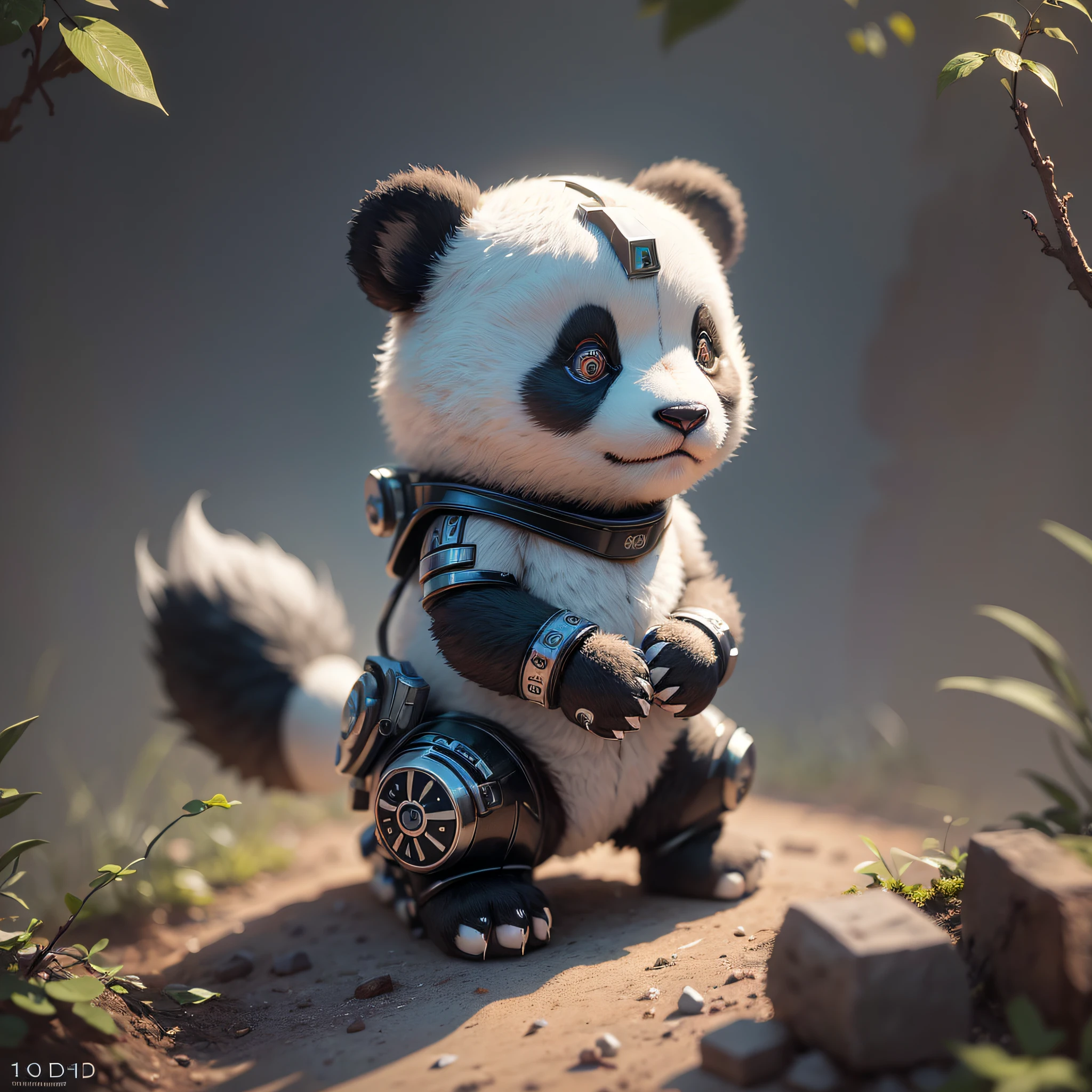A cute panda made of metal, (cyborg: 1.1), ([tail|detailed wire]: 1.3), (intricate detail), HDR, (hyperdetailed: 1.2), cinematic lens, halo shadow, centered --auto --s2