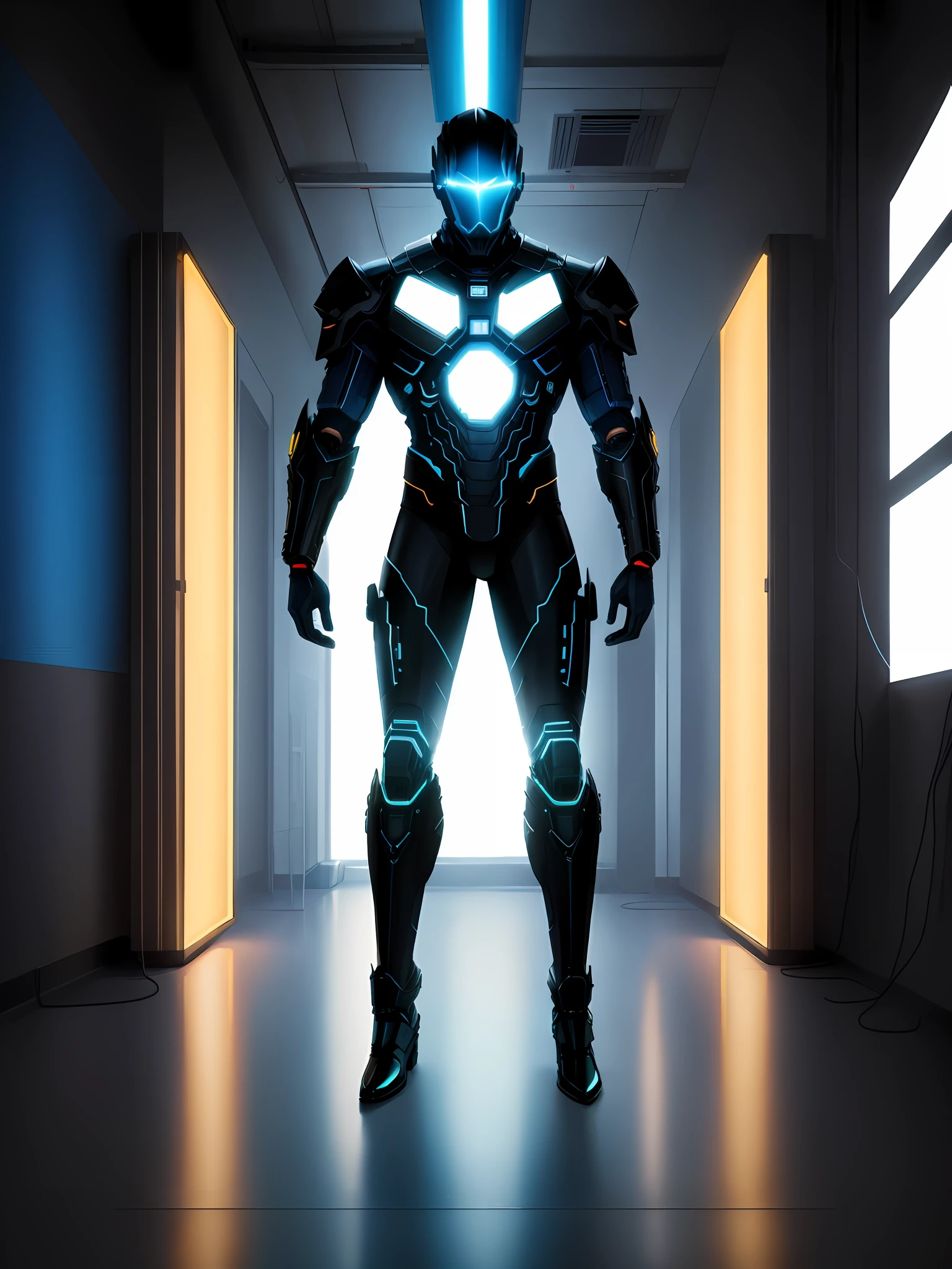 man standing in a room with a camera and a blue light, full body photographer, well-lit professional photo, cinematic, full body photography, art, illustration, detailed, 4k, professional image, holograms, futuristic, cyber punk, technology