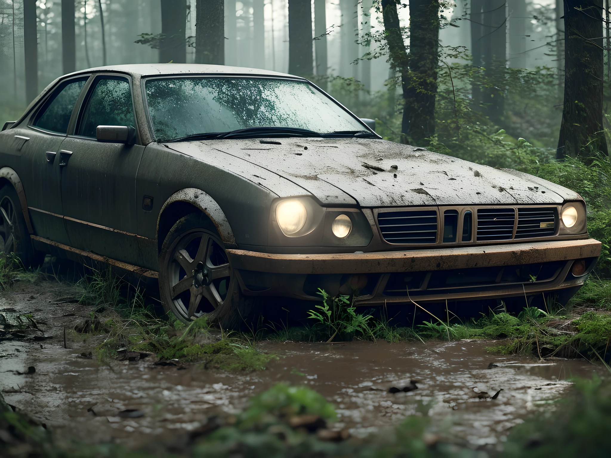 There are two old, very dirty and dented cars that are parked in the mud, in a forest clearing, highly detailed cinematics, atmospheric and gritty detailed cinematics, detailed cinematic rendering, hyper-realistic environment, gloomy and dark cinematic lighting, 4K and hyper-realistic concept art, cinematic environment, rainy day. game rendering, dark photorealistic concept art, highly detailed cinematics, detailed cinematic shot, environment artist