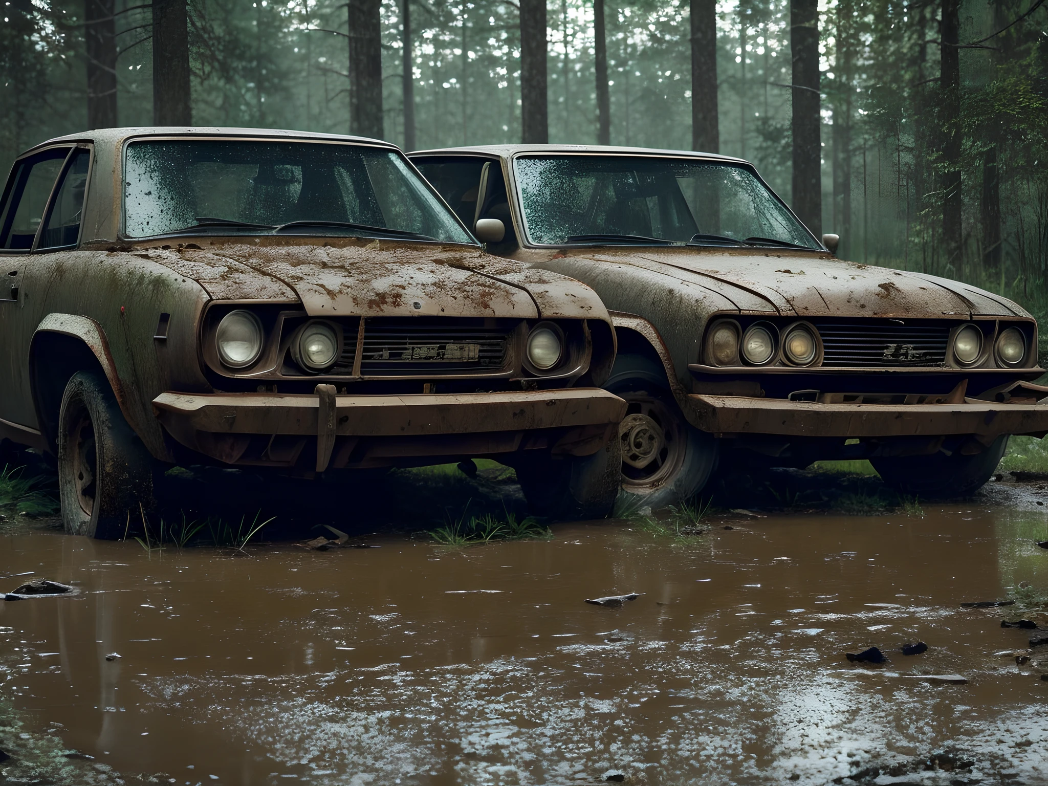 There are two old, very dirty and dented cars that are parked in the mud, in a forest clearing, highly detailed cinematics, atmospheric and gritty detailed cinematics, detailed cinematic rendering, hyper-realistic environment, gloomy and dark cinematic lighting, 4K and hyper-realistic concept art, cinematic environment, rainy day. game rendering, dark photorealistic concept art, highly detailed cinematics, detailed cinematic shot, environment artist