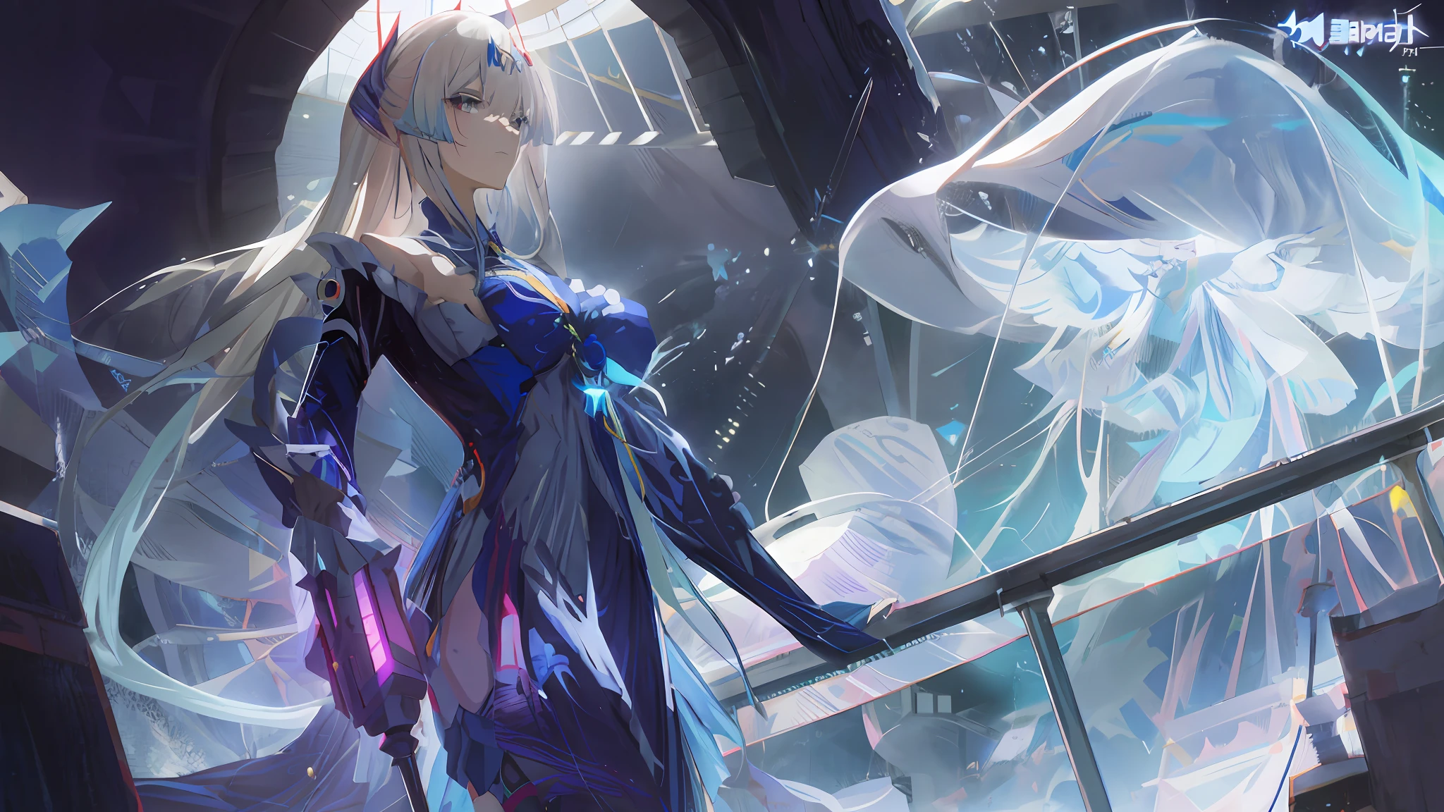 anime girl in a blue dress standing on a railing, best anime 4k konachan wallpaper, cushart krenz key art feminine, trending on artstation pixiv, zerochan art, digital cyberpunk anime art, from the azur lane videogame, advanced digital anime art, anime art wallpaper 4k, anime art wallpaper 4 k, anime cyberpunk art