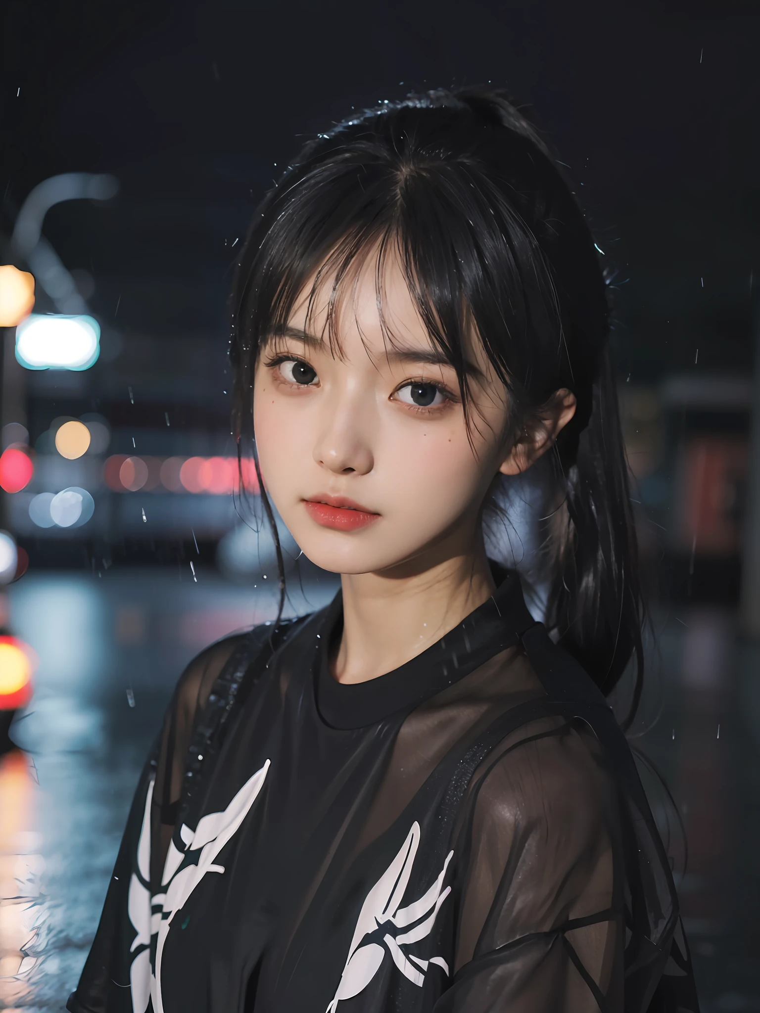 (Masterpiece, Best Quality, Reality:1.4, 1girl, Deep Shadow, Cool Tone, Close Up, Japanese Street, Night, With Rain, Neon Background, Black Shirt, Beam)