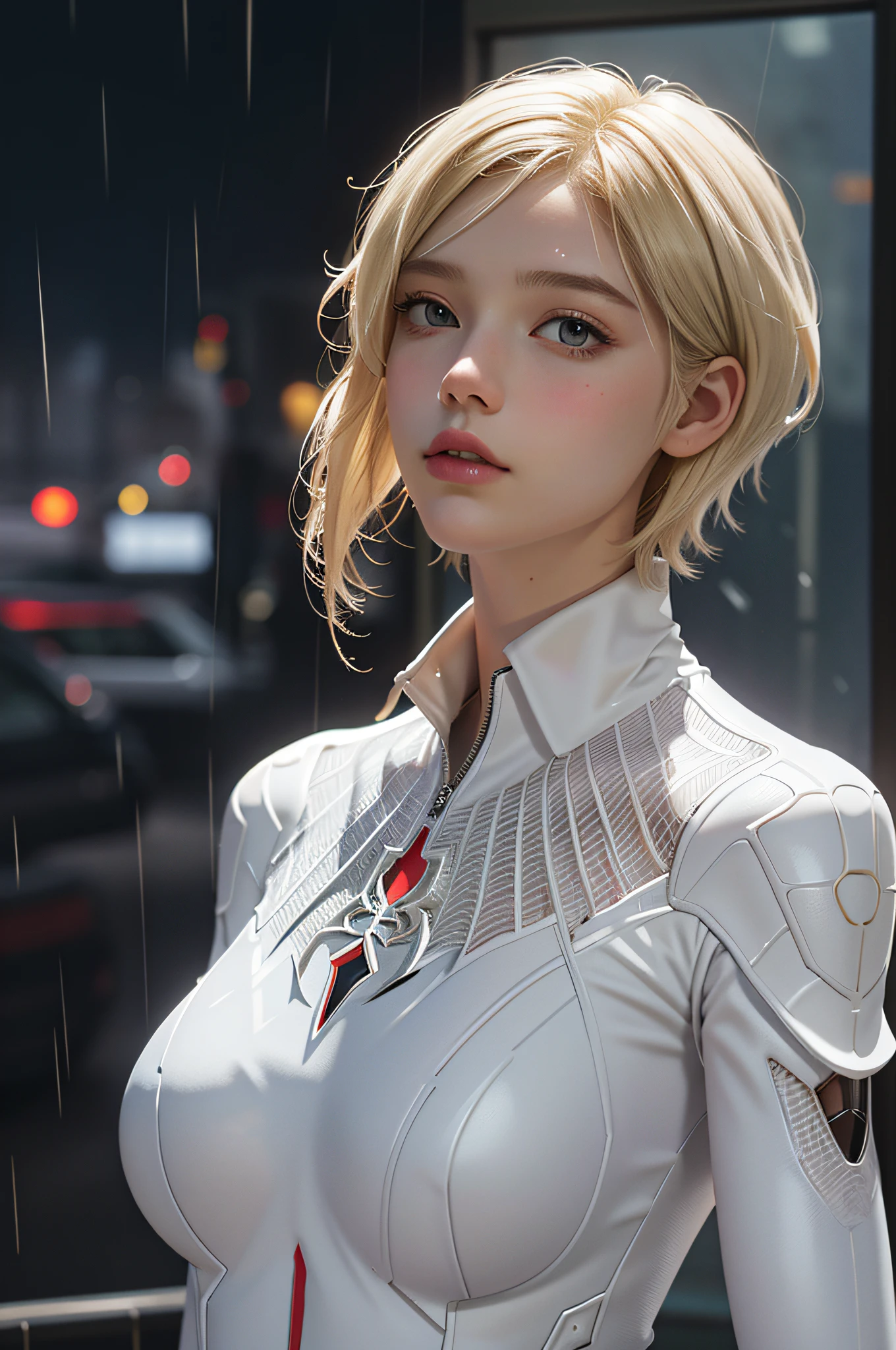 18 yo girl, white spider man suit, short blunt hair, blonde, beautiful face, rain, roof, masterpiece, intricate detail, perfect anatomy