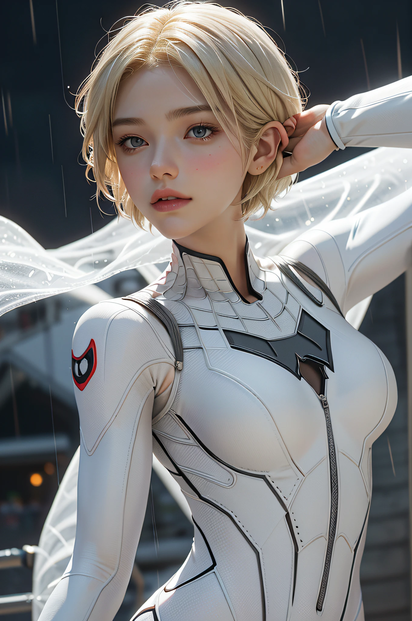 18 yo girl, white spider man suit, short blunt hair, blonde, beautiful face, rain, roof, masterpiece, intricate detail, perfect anatomy