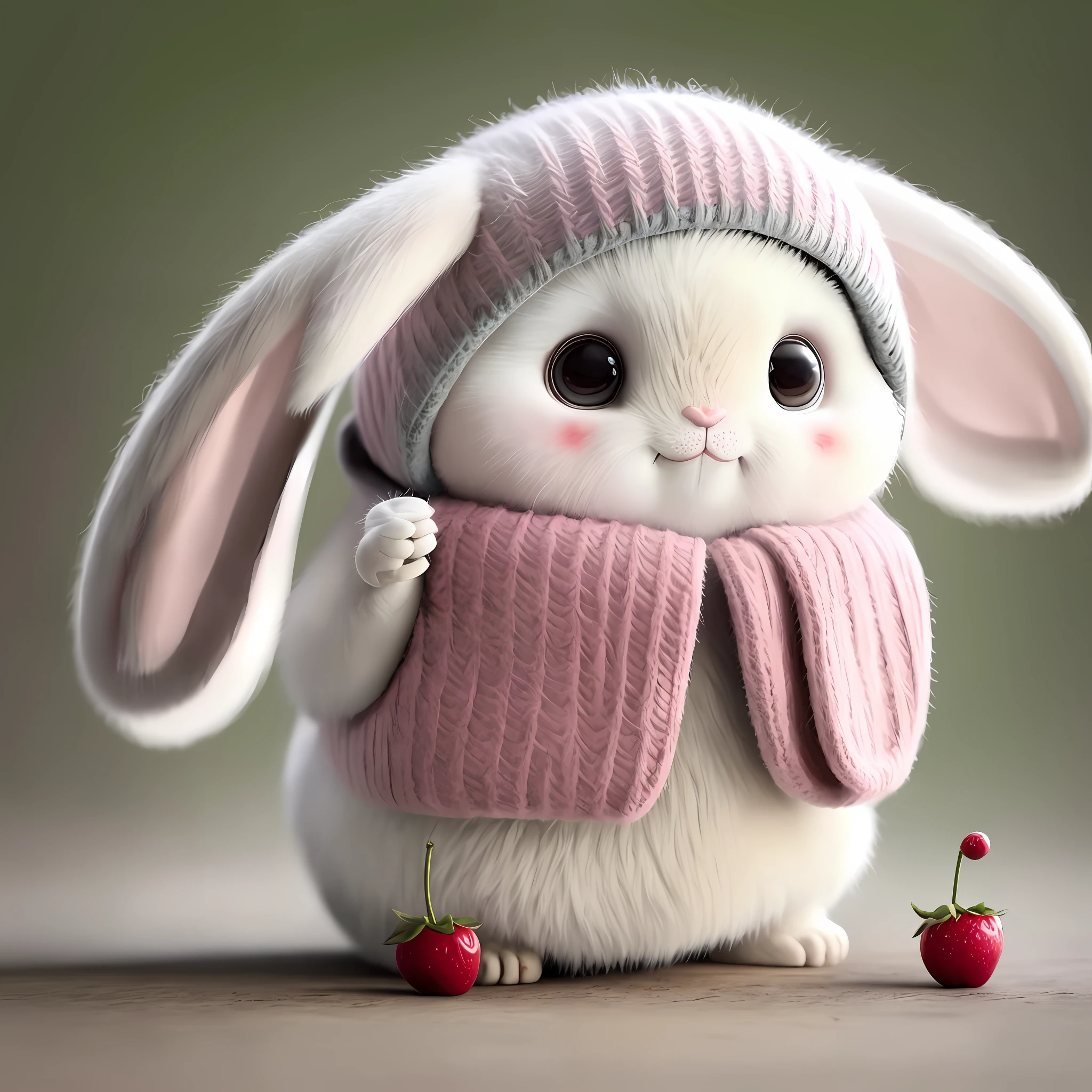 : 3. Rabbit, realistic, hairy, clothed animal, apple, dark circles, blush, cherry, food, fruit, full body, hat, non-human, strawberry, tomato, watermelon