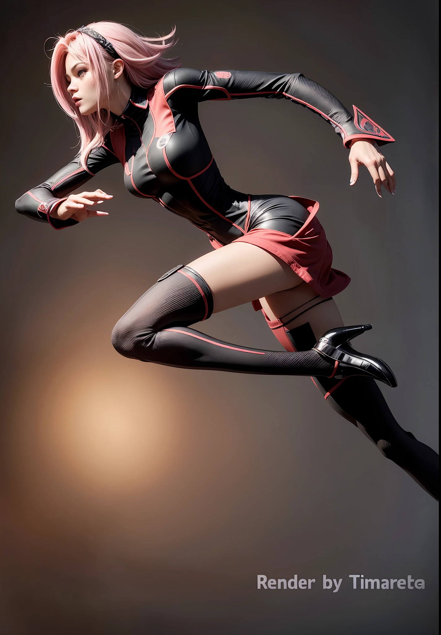 ((masterpiece,best quality,highest quality,illustration,intricate details)),black suit, pink hair, dynamic pose, red headband