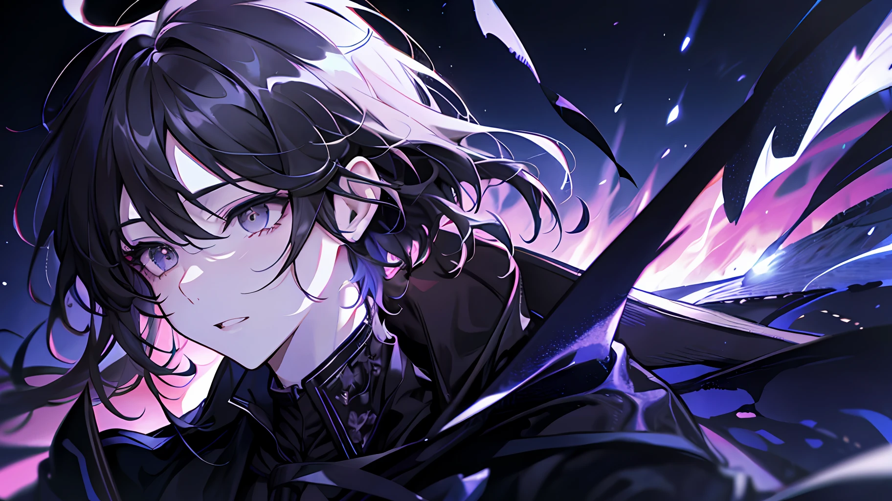 Around the pitch-black night sky, turbulence, endless winds, fainting, wings broken and swept into the wind, masterpieces, teenagers, men, big scenes, close-ups