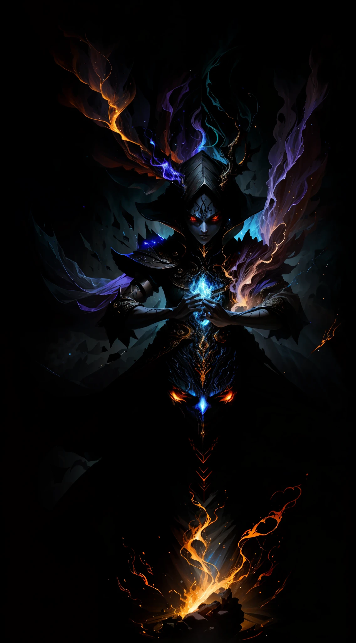 A demon witch casting fire spells, beautiful, very detailed, surreal, cinematic lighting, dark, space background, soft cinematic lighting, (backlight: 1.2), (flare: 1.2), (flash: 1.1), (chromatic aberration: 1.2), clear focus, high contrast, V0id3nergy magic aura, V0id3 energy battle mage, V0id3 nergy cute hollow