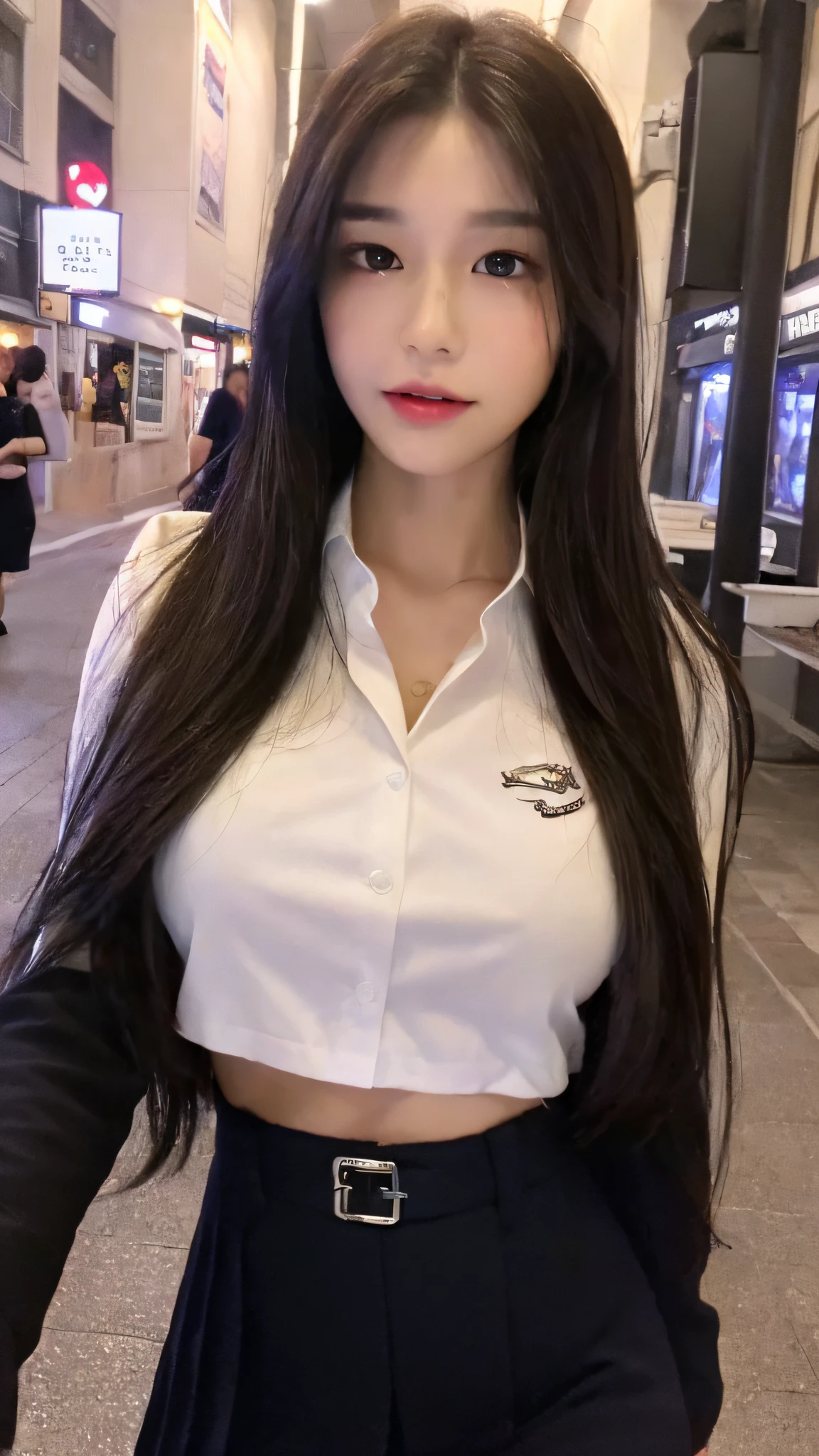 ((Best quality, 8k, Masterpiece :1.3)), full body, Sharp focus: 1.2, perfect body beauty: 1.4, slender abs: 1.2, ((dark brown hair, big breasts: 1.2)), pink JK uniform: 1.1, (Night City, Streets: 1.1), highly detailed facial and skin textures, detailed eyes, double eyelids
