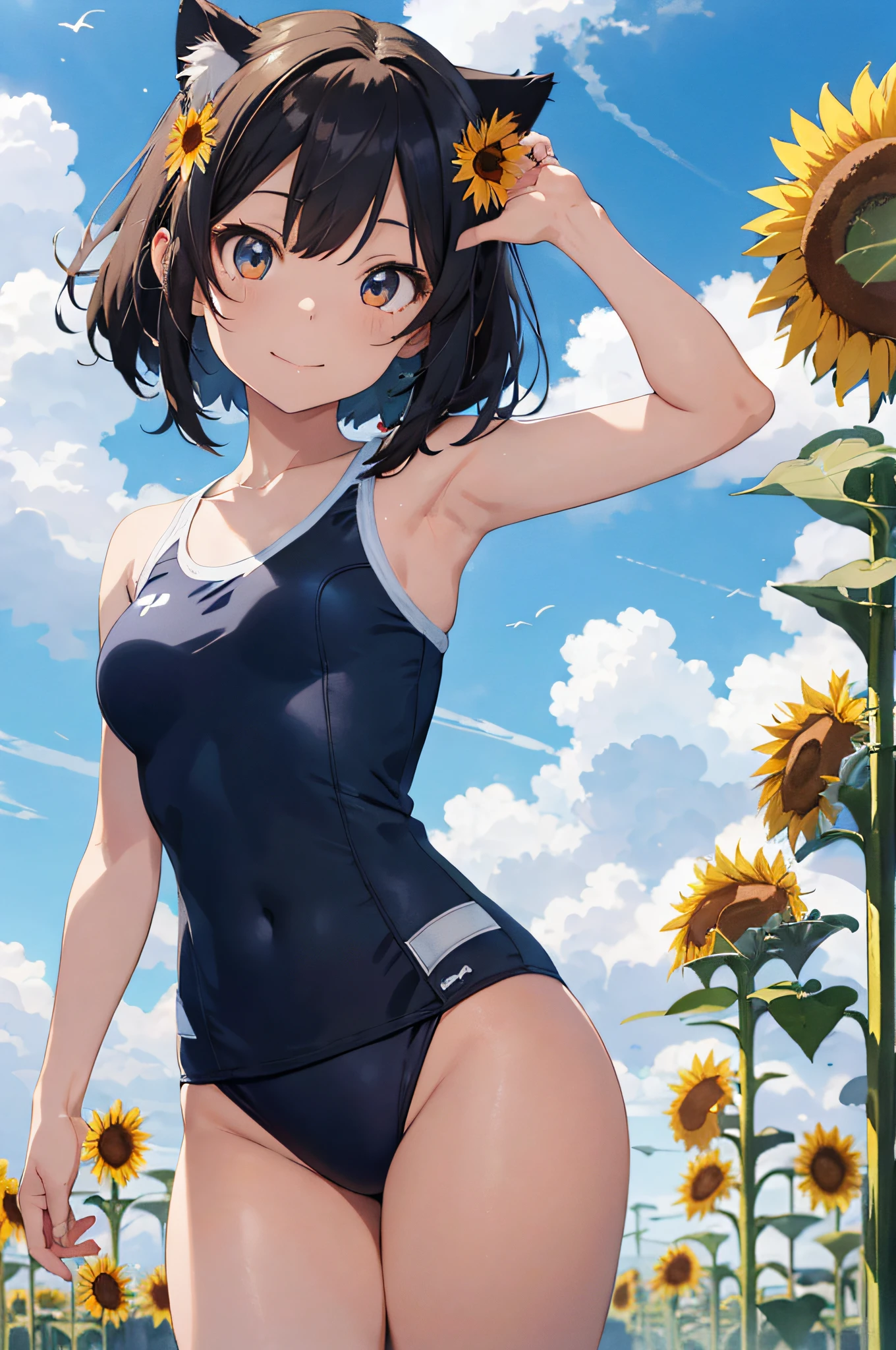 Anime cat eared girl in school swimsuit with cat ears, shoulder look, anime drawing by Yang J, pixiv contest winner, serial art, digital anime illustration, kawashi, anime style illustration, anime style 4k, beautiful anime portrait, anime style portrait, anime style artwork, Guweiz style artwork, Anime Illustration, Digital Anime Art, Detailed Digital Anime Art, Beautiful Blue Sky, (((Beautiful Cloud)),((Sunflower))