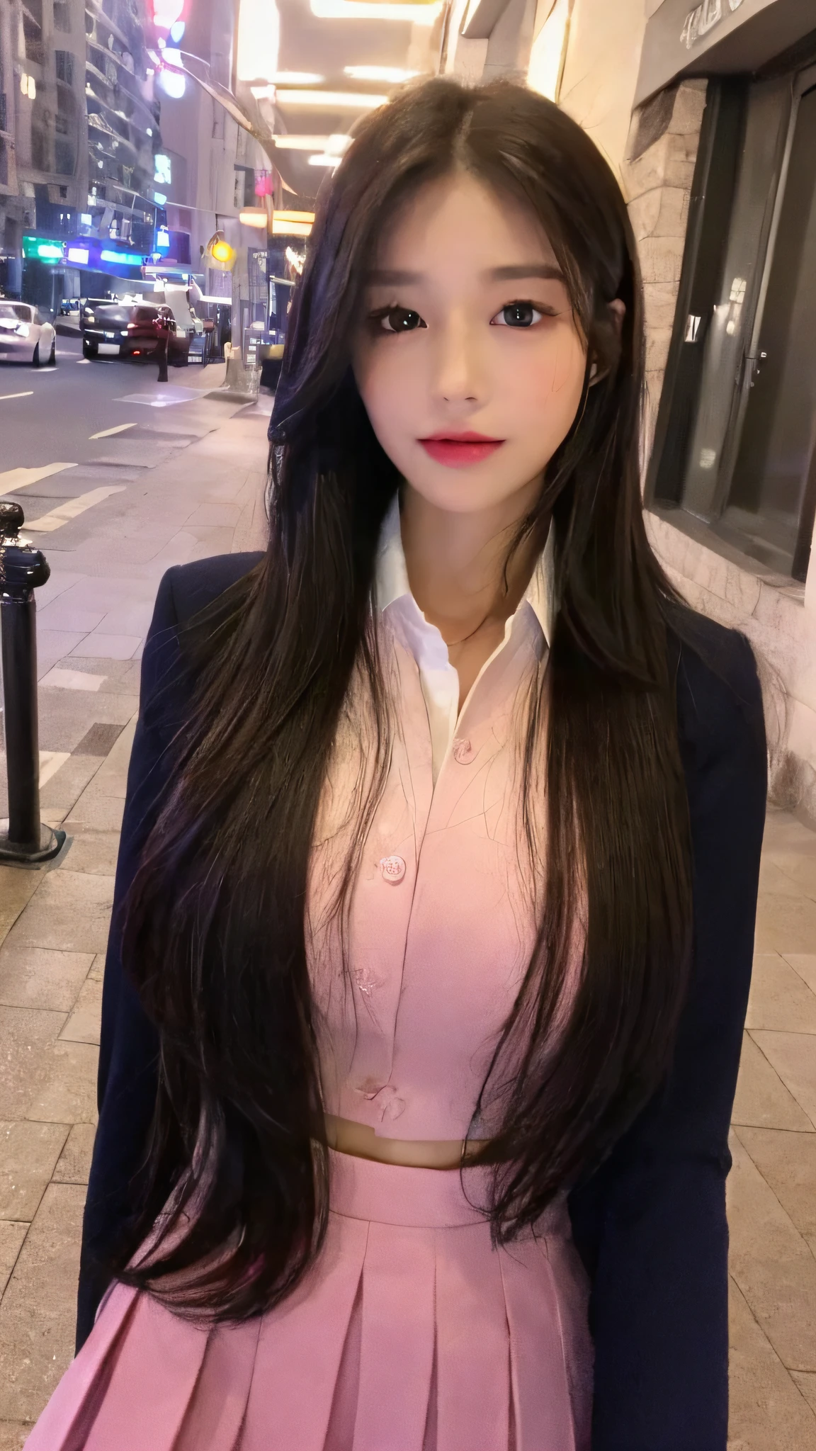 ((Best quality, 8k, Masterpiece :1.3)), full body, Sharp focus: 1.2, perfect body beauty: 1.4, slender abs: 1.2, ((dark brown hair, big breasts: 1.2)), pink JK uniform: 1.1, (Night City, Streets: 1.1), highly detailed facial and skin textures, detailed eyes, double eyelids
