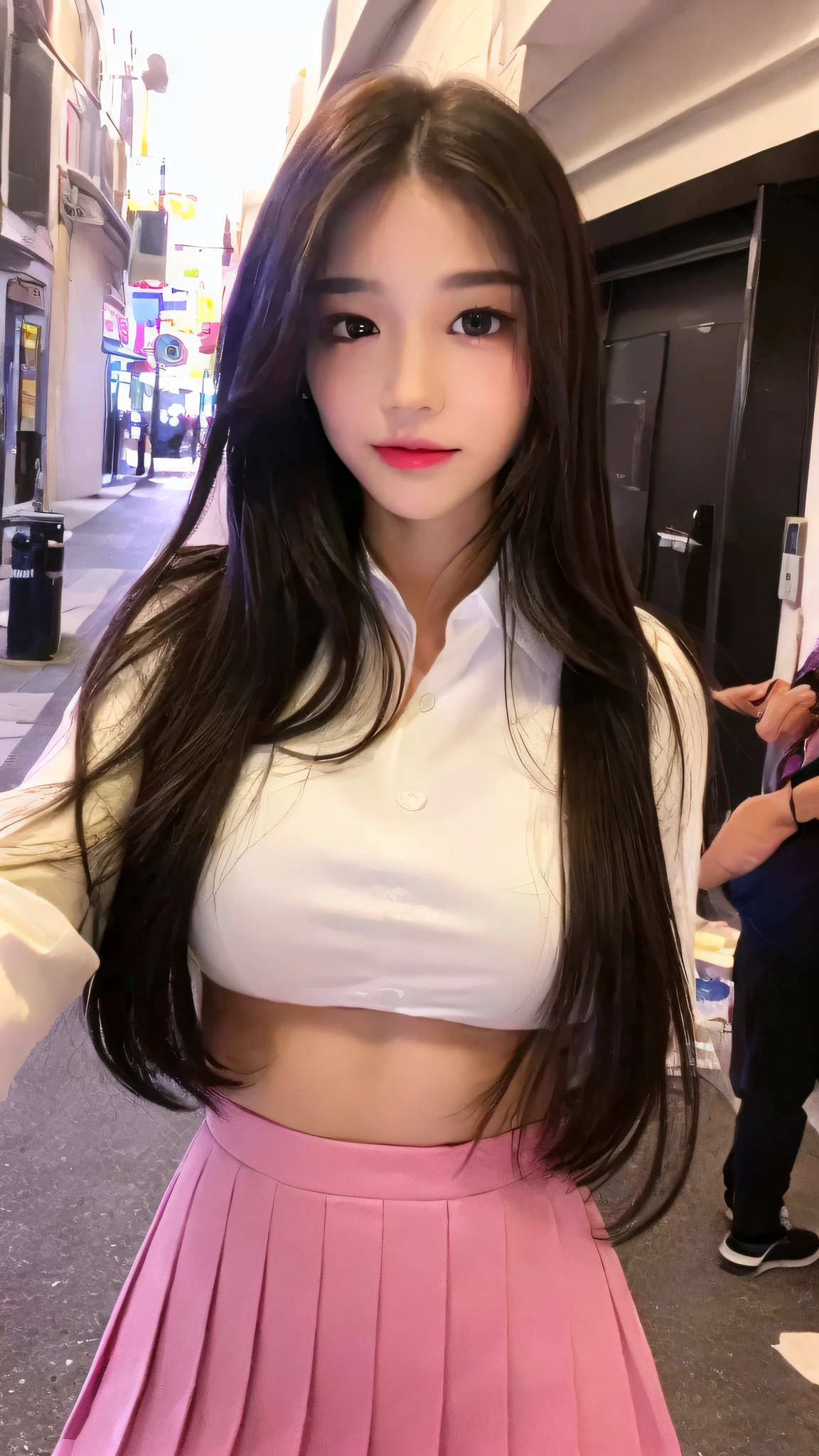 ((Best quality, 8k, Masterpiece :1.3)), full body, Sharp focus: 1.2, perfect body beauty: 1.4, slender abs: 1.2, ((dark brown hair, big breasts: 1.2)), pink JK uniform: 1.1, (Night City, Streets: 1.1), highly detailed facial and skin textures, detailed eyes, double eyelids